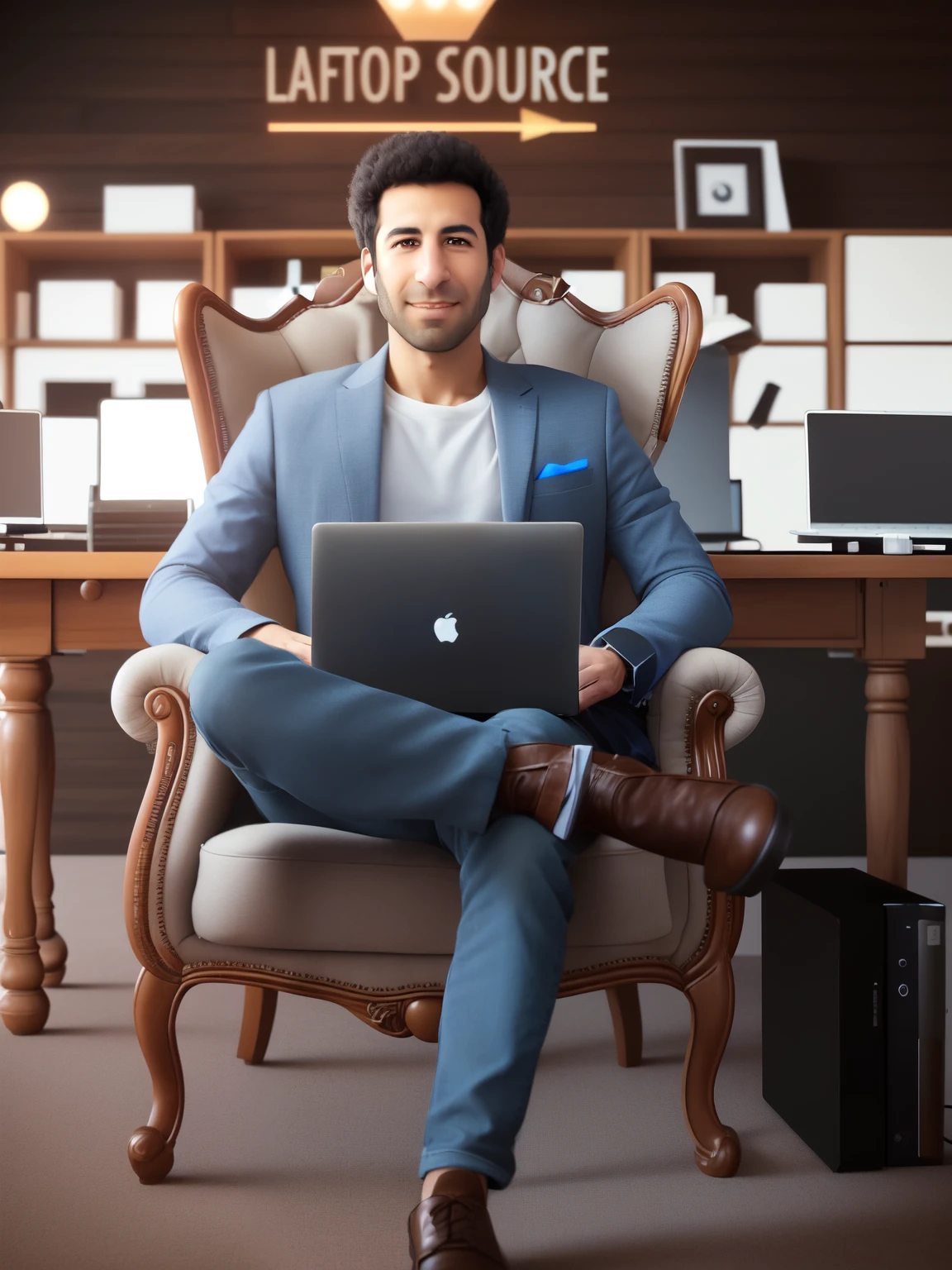 arafed man sitting in a chair with a laptop in his lap, with a laptop on his lap, laptop, working on a laptop at a desk, cover shot, by Daniel Schultz, sitting at a computer, product render, sitting on designer chair, photo render, sitting at a computer desk, advertising photo, sitting in front of computer