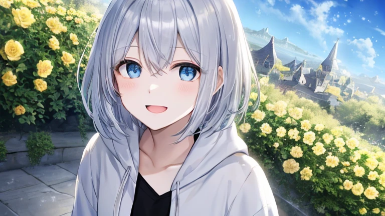 super high quality, with a girl, 20-year-old, とてもshort hair, long bangs between the eyes, pale blue eyes , blue sky, sunlight, very detailed,(masterpiece、highest quality)、alone、gray hair、laughter、White skin as clear as snow、fantasy, silver hair, black eye, beautiful eyes,, ecstasy, charm, be smitten with audience, short hair,blue sky , sunlight,fantasyな風景,looking down from above、white hoodie、black shirt、flower garden