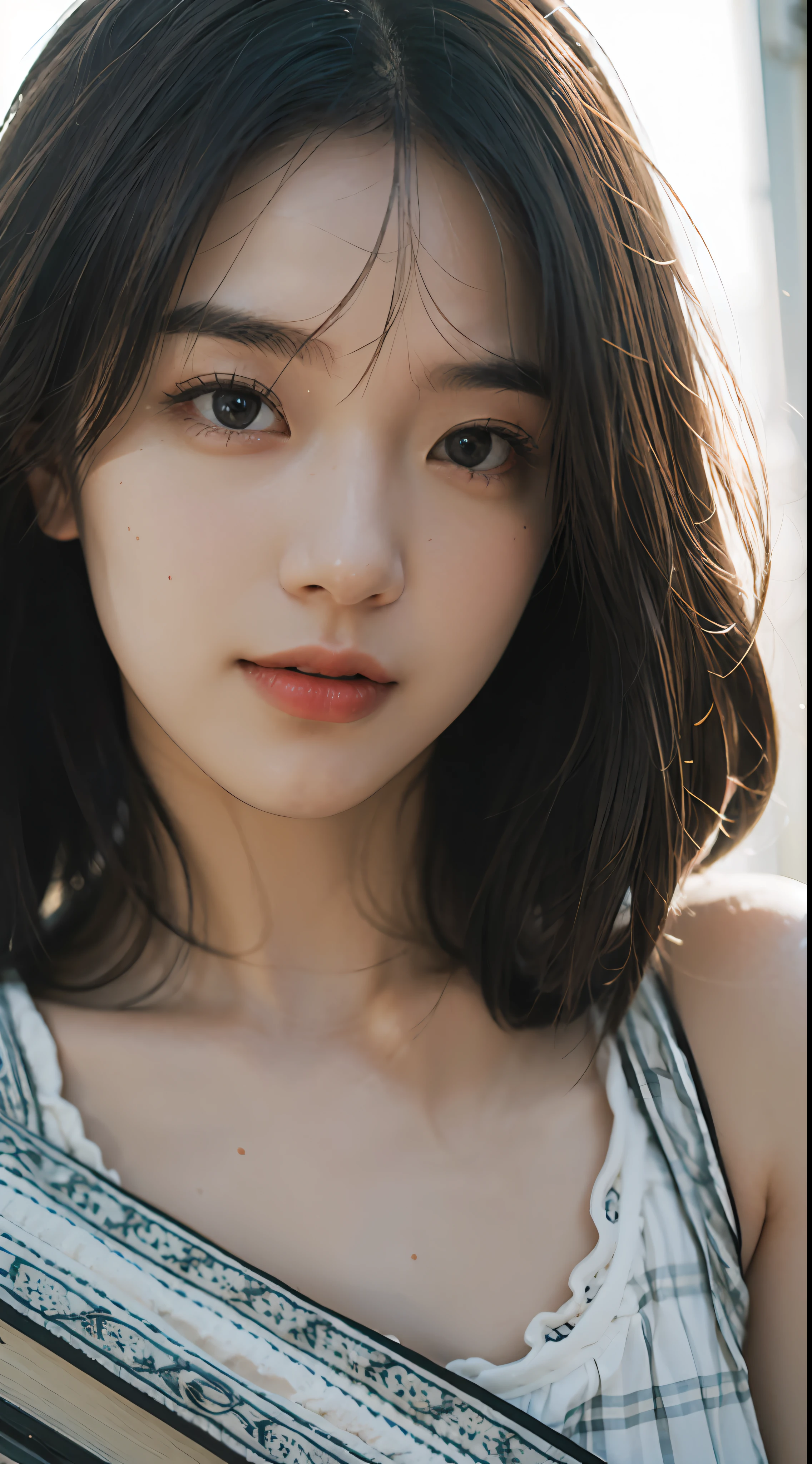 Best Quality, Masterpiece, Ultra High Resolution, (Realistic: 1.4), Original Photo, Wallpaper, Head Photo, Skin, Simple Background, Black Eyes, Detail, Selfie, 1 Girl, 18 Years Old, Breeze, Sunshine, Classroom, Question,