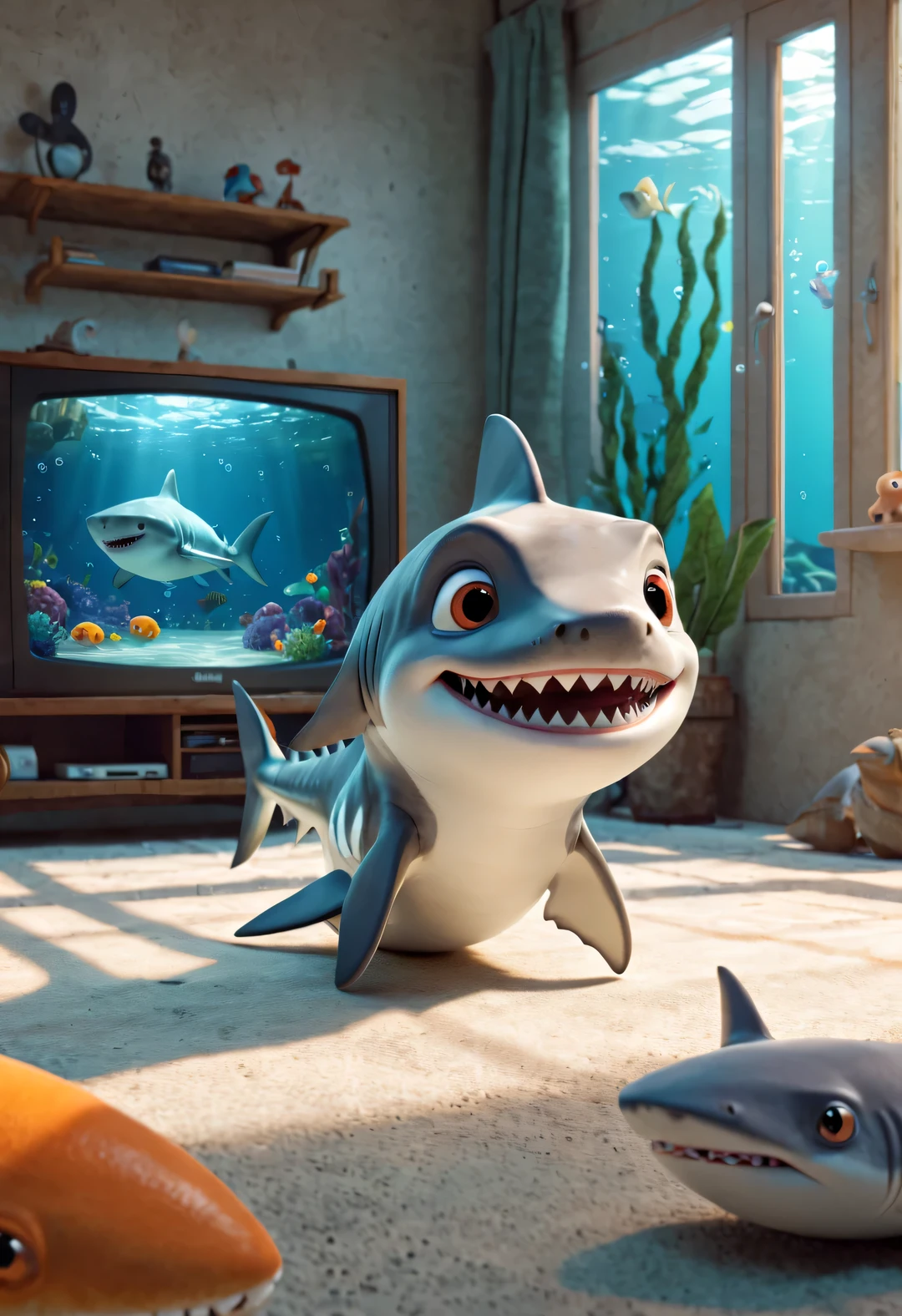 character idea，scenography，Very unified CG design，（Oscar the  Shark and Reno the Great White Shark are watching TV），Oscar the babyrk has a silver body，with orange stripes，The mouth is also small，His eyes were big and bright，Always sparkling with wisdom and curiosity，His tail is very strong，His eyes are sharp and alert，The orange stripes on the body are more vivid，Oscar is a very unique and interesting person，inspired by《shark tale》，background：underwater的童话电视采访节目，underwater，lots and lots of bubbles