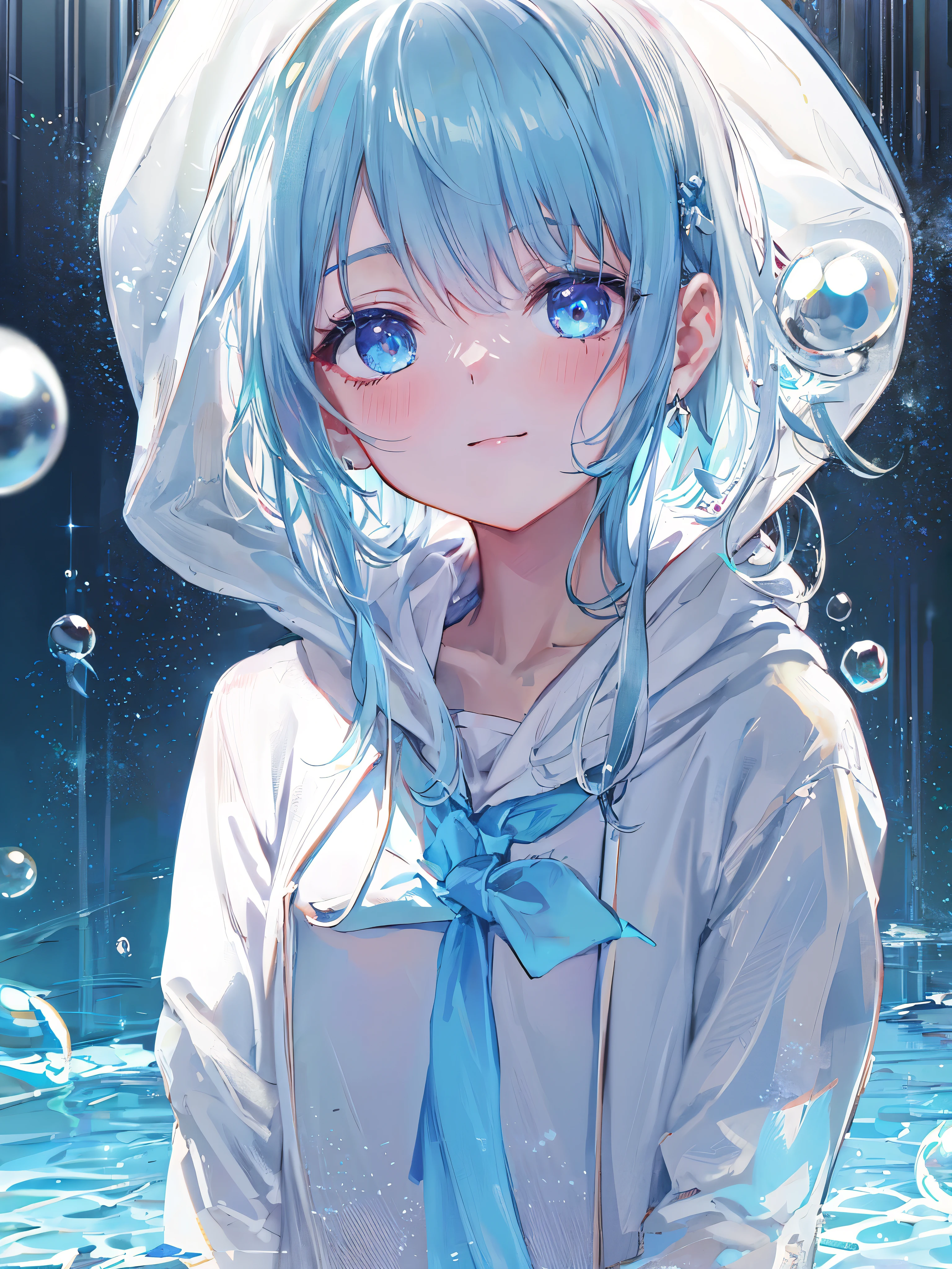 ((highest quality)), ((masterpiece)), ((Super detailed)), (extremely delicate and beautiful), girl, alone, cold attitude,((white hoodie)),彼女はandても(relax)and(Calm down)I look,written boundary depth,evil smile,bubble, underwater, エアbubble,Underwater world bright light blue eyes,明るい白髪and水色の先端を持つインナーカラー,,,,,,,,,,,,,,,,,,,,,,cold background,Bob Hair - Linear Art, shorts、knee high socks、White uniform like school uniform、light blue ribbon tie、Clothes are sheer、The hand in my right pocket is like a sapphire,Fronresse Blue, A small blue light was floating、Amazing eyes、self snap,self shot