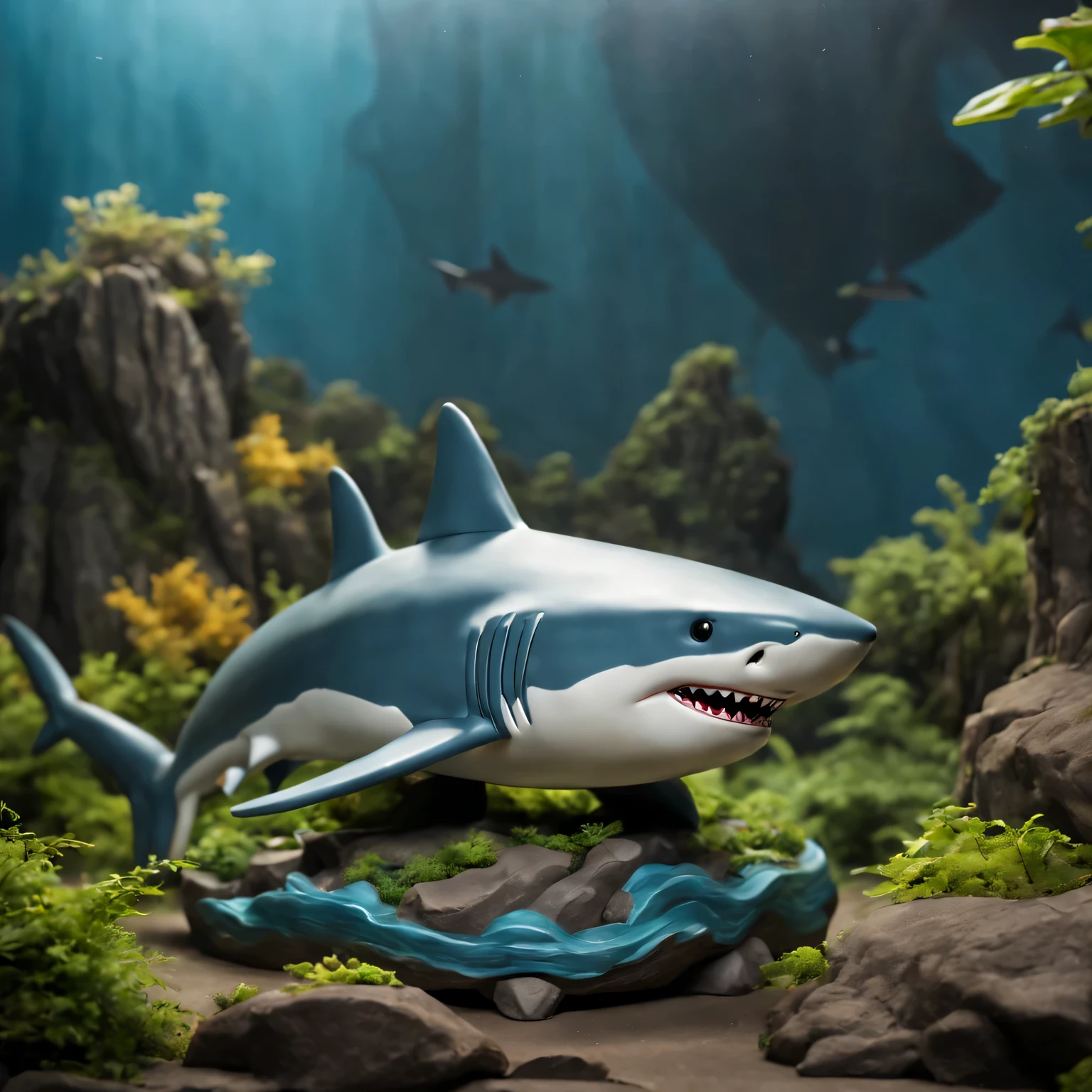 masterpiece, best quality,Blind box toy style, Ghibli style colors, from the side, atmospheric perspective, F/1.8, ultra high definition, masterpiece, precise, high detail, high quality, high resolution, shark, meditation, hands crossed, China Xiangyun, About, flowing,