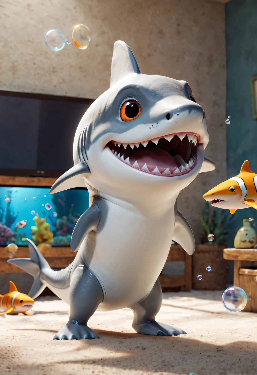 character idea，scenography，Very unified CG design，（Oscar the Baby Shark and Reno the Great White Shark are watching TV），Oscar the baby shark has a silver body，with orange stripes，The mouth is also small，His eyes were big and bright，Always sparkling with wisdom and curiosity，His tail is very strong，His eyes are sharp and alert，The orange stripes on the body are more vivid，Oscar is a very unique and interesting person，inspired by《shark tale》，background：underwater的童话电视采访节目，underwater，lots and lots of bubbles