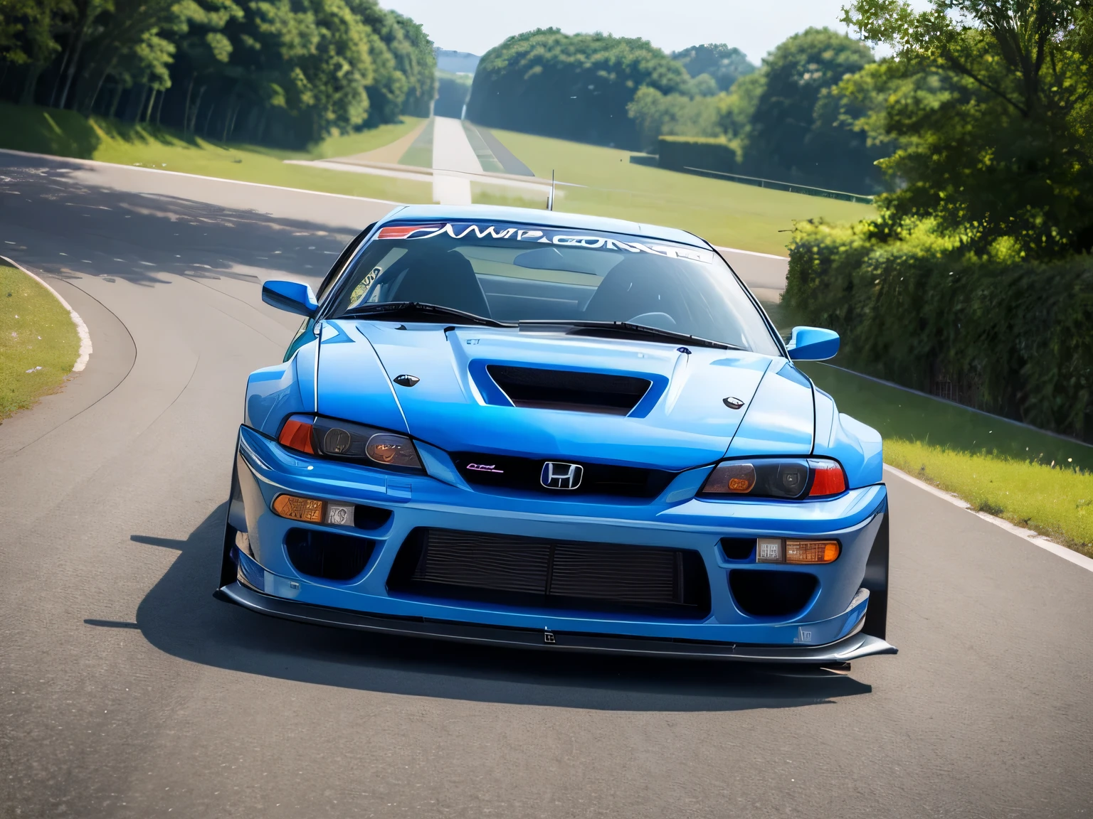 ultra high resolution、super high quality、8K、Wonderful expression with attention to detail、Midsummer Circuit、blue racing car、Honda Integra Coupe 2000GT Sport Hybrid Turbo