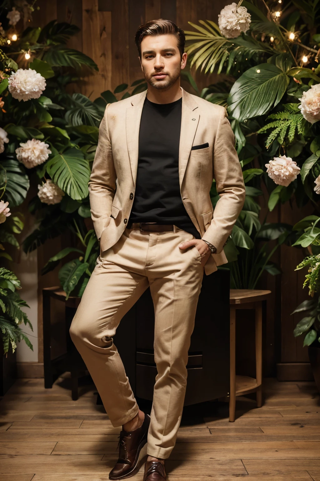(best quality,4k,8k,highres,masterpiece:1.2),ultra-detailed,(realistic,photorealistic,photo-realistic:1.37),35mm f1.4 retro photo,full body of a man,man in the sartorial suits,retro background,t-shirt,retro style,floral background,floral ornaments,creative,cinematic tone