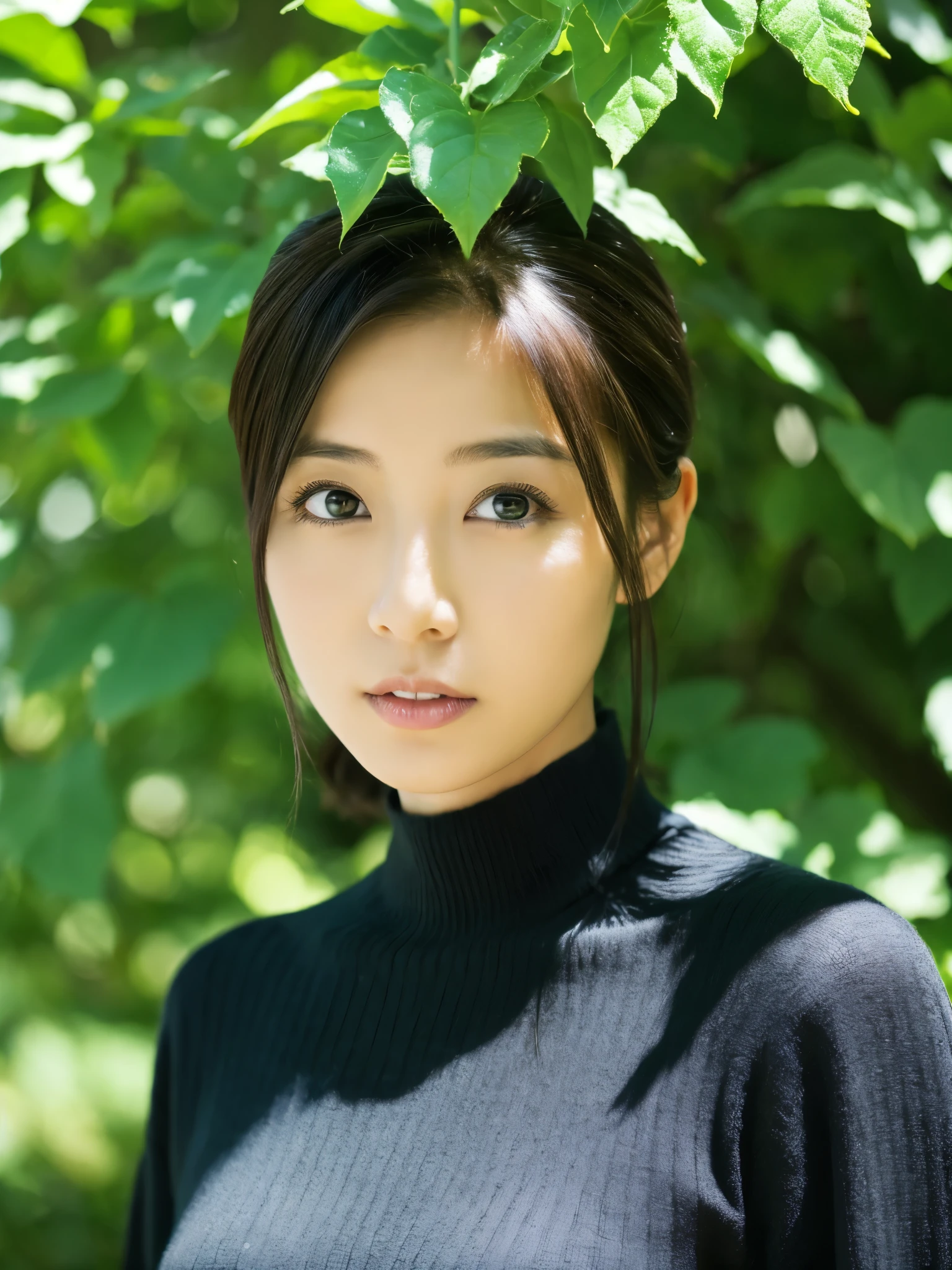 Slender Japanese woman staring at the camera、Black turtleneck sweater、Green tree on background々or bushes、High resolution、High resolutionの画像