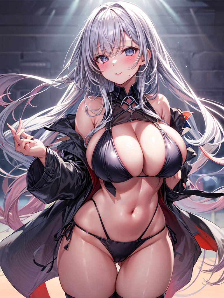 Masterwork, Best Quality, ultra-detailed, dynamic lighting, 8k, photo-realistic, anime girl in a black bikini posing in a dark room, seductive anime girl, thicc, small curvy ,from girls frontline, revealing clothes, oppai cyberpunk, breasts covered and sfw, top rated on pixiv, anime moe artstyle, touching her clothes, huge breasts, sexy body,perfect anatomy,perfect five fingers,