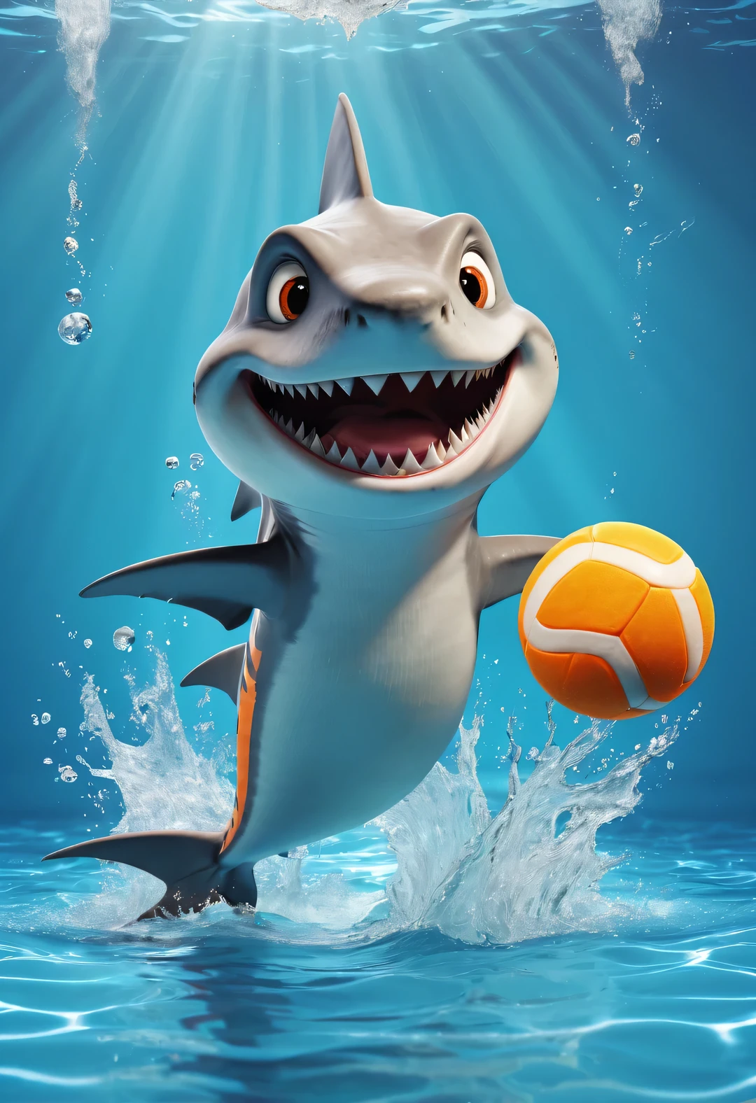 Cartoon poster design，character idea，scenography，Very unified CG design，（Oscar the little shark is playing water polo：1.1），Oscar the baby shark has a silver body，with orange stripes，The mouth is also small，His eyes were big and bright，Always sparkling with wisdom and curiosity，His tail is very strong，His eyes are sharp and alert，The orange stripes on the body are more vivid，holding book，The pages cover his entire body，half turkish，低饱和度皮克斯Ultra-detailed，looking at the audience，Very detailed，Macaron color，POP MART POP MART，White background，Close-up avatars are of the best quality。Ultra-detailed.Ultra-detailed.3D，c4d。mixer，Overclocked renderer。illumination，ultra high definition，3D rendering Oscar is a very unique and interesting，inspired by《shark tale》，backstage talk show