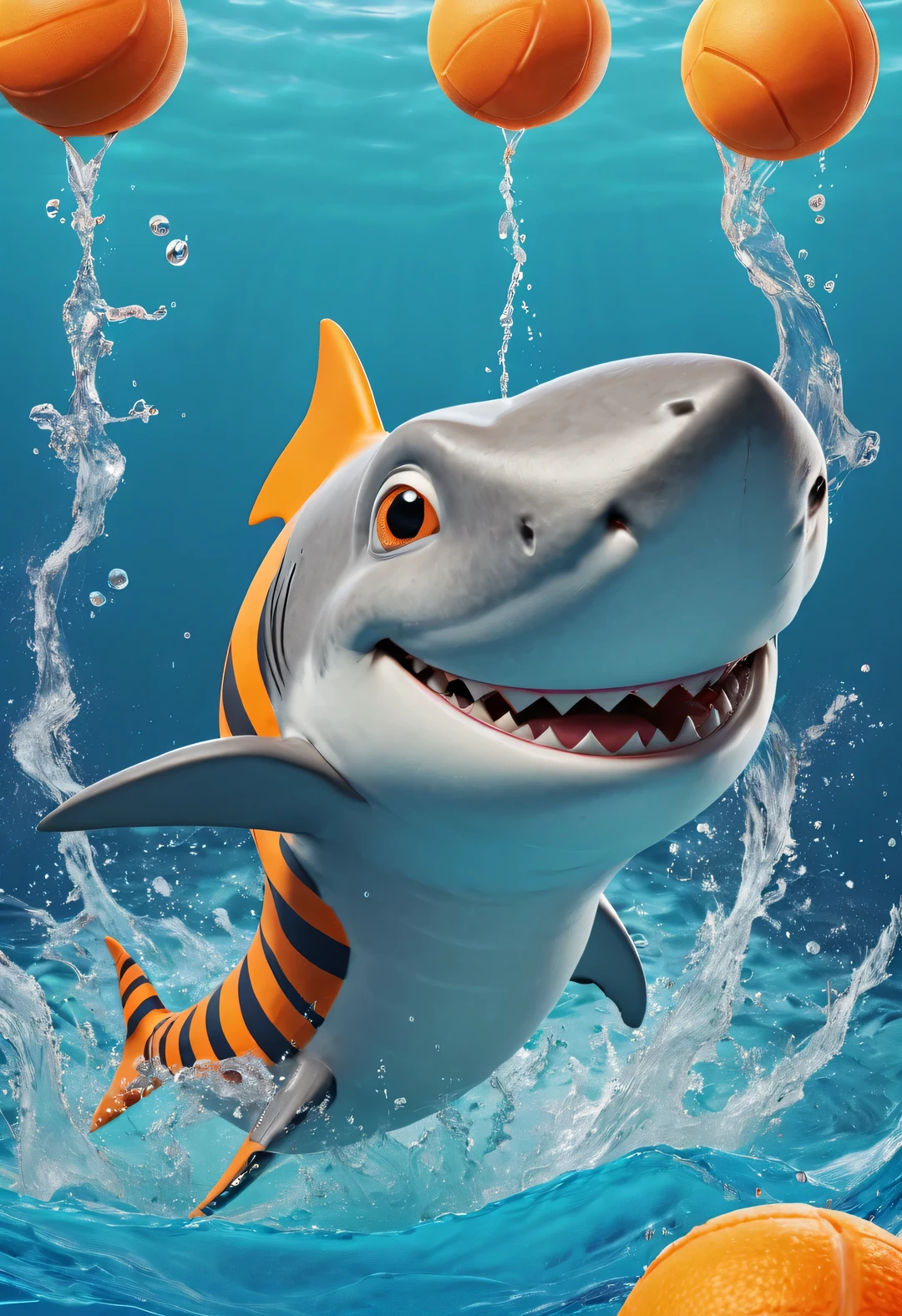 Cartoon poster design，character idea，scenography，Very unified CG design，（Oscar the little shark is playing water polo：1.1），Oscar the  shark has a silver body，with orange stripes，The mouth is also small，His eyes were big and bright，Always sparkling with wisdom and curiosity，His tail is very strong，His eyes are sharp and alert，The orange stripes on the body are more vivid，holding book，The pages cover his entire body，half turkish，低饱和度皮克斯Ultra-detailed，looking at the audience，Very detailed，Macaron color，POP MART POP MART，White background，Close-up avatars are of the best quality。Ultra-detailed.Ultra-detailed.3D，c4d。mixer，Overclocked renderer。illumination，ultra high definition，3D rendering Oscar is a very unique and interesting，inspired by《shark tale》，backstage talk show