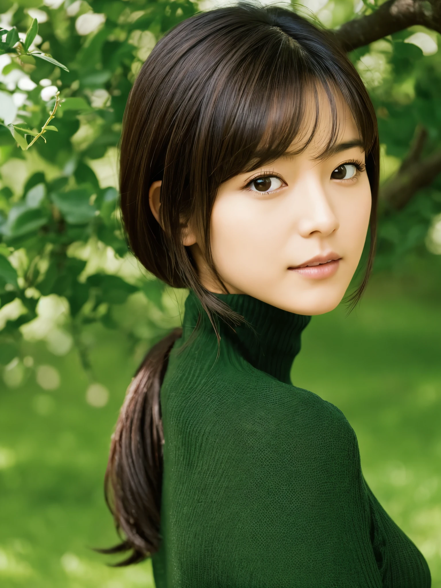 Slender Japanese woman staring at the camera、Black turtleneck sweater、Green tree on background々or bushes、High resolution、High resolutionの画像、photo from the waist up