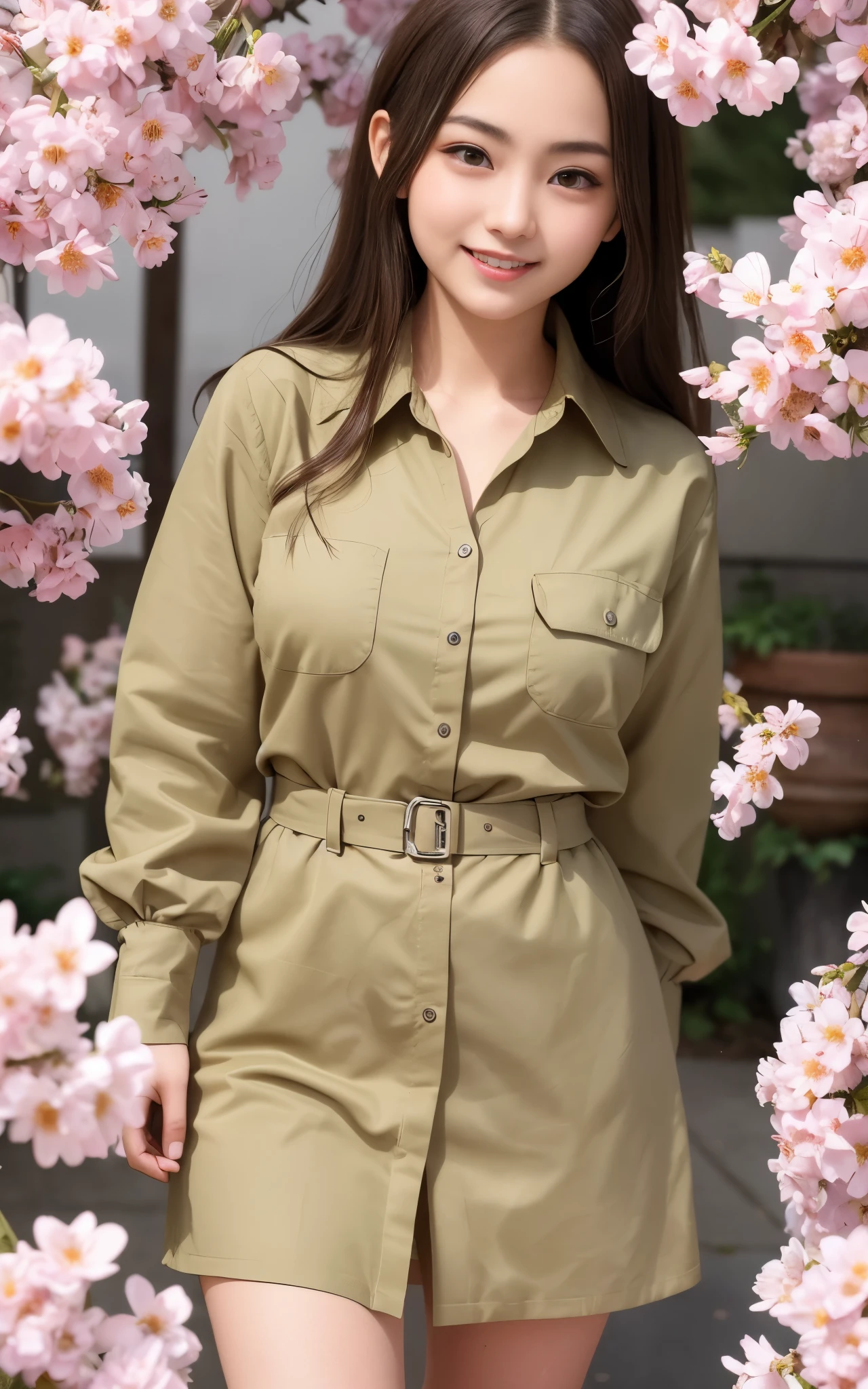 highest quality, figure, super detailed, finely, High resolution, 8k wallpaper, 完璧なダイナミックな構figure, beautiful skin, Big eyes that shine like jewels, (1 beautiful girl at 20 years old:1.6), natural color lip, random sexy poses, Chest middle, smile, Highly detailed face and skin texture, Detailed eyes, Double eyelid,leaking teeth and laughing, close-up, Brown hair long hair, (khaki dress shirt:1.2), cherry blossoms