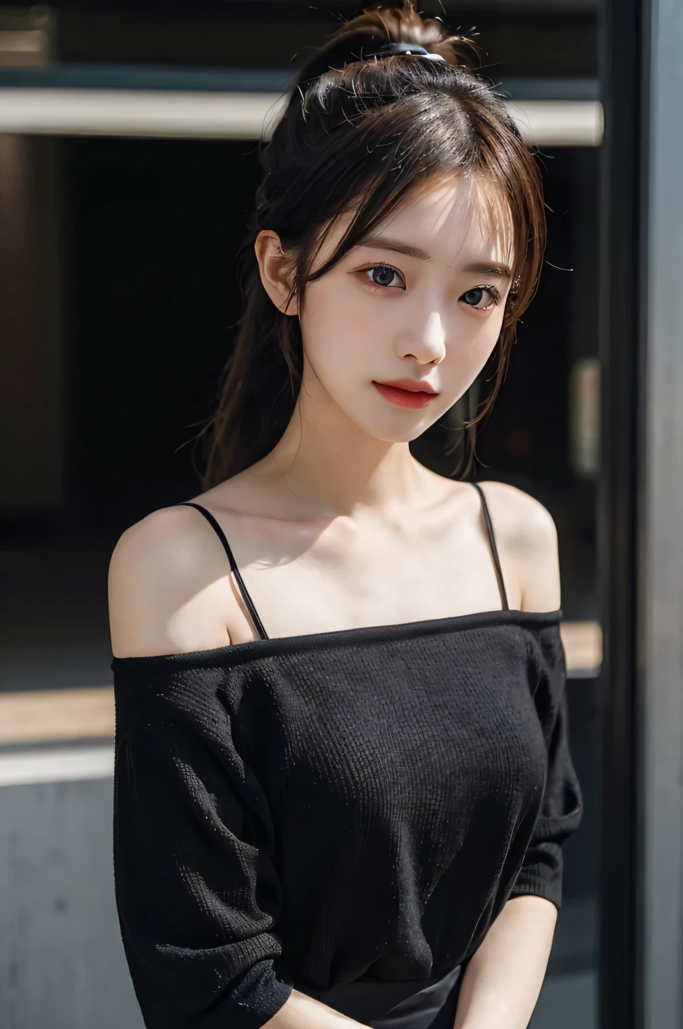 highest quality, masterpiece, ultra high resolution, (reality: 1.4), Original photo, 1 girl, Pink Off-Shoulder, cinematic lighting, Messy hair in a ponytail,
