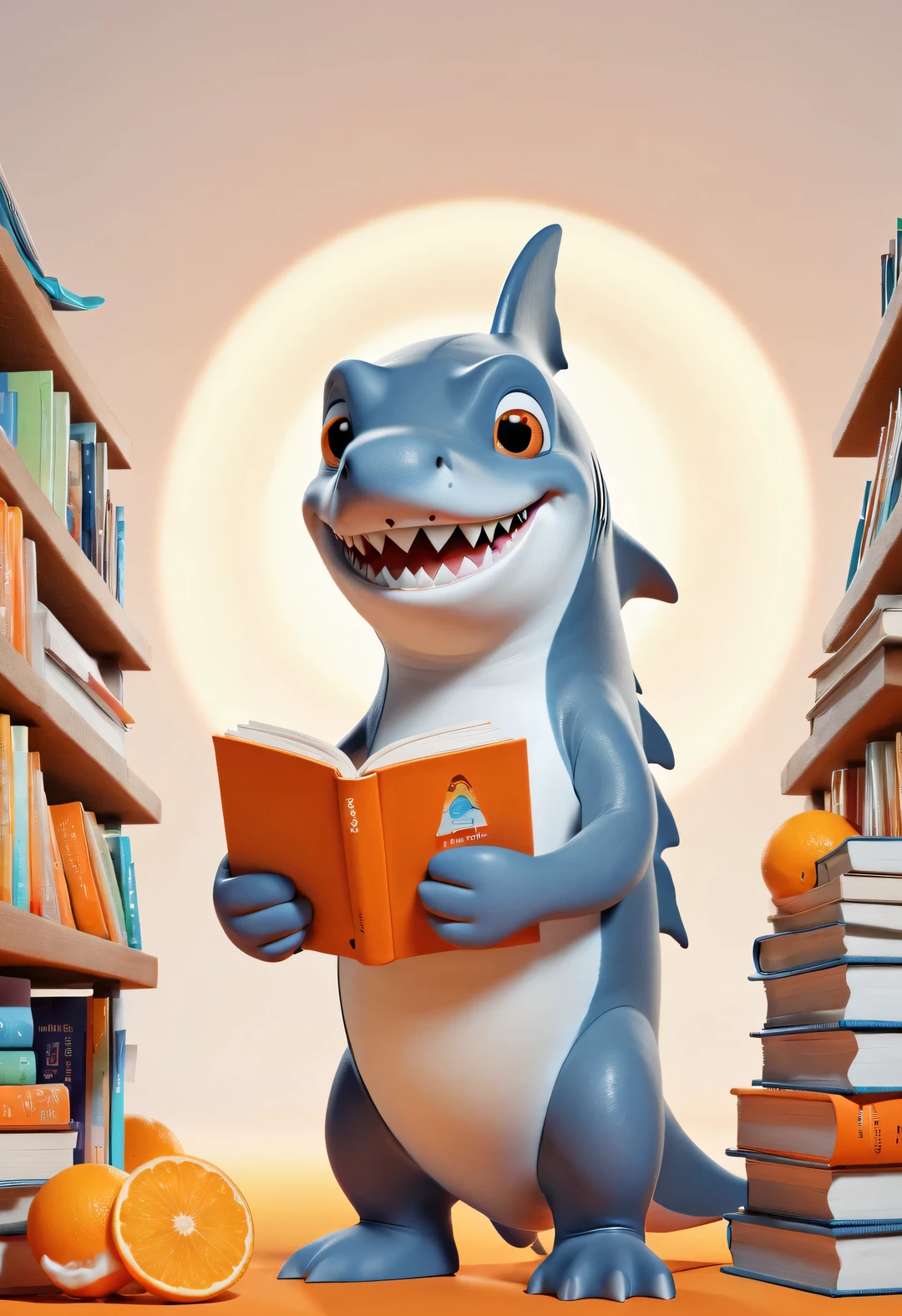 Cartoon poster design，character idea，scenography，Very unified CG design，（Oscar the little shark is holding many books：1.1），Oscar the baby shark has a silver body，with orange stripes，The mouth is also small，His eyes were big and bright，Always sparkling with wisdom and curiosity，His tail is very strong，His eyes are sharp and alert，The orange stripes on the body are more vivid，holding book，The pages cover his entire body，half turkish，低饱和度皮克斯Ultra-detailed，looking at the audience，Very detailed，Macaron color，POP MART POP MART，White background，Close-up avatars are of the best quality。Ultra-detailed.Ultra-detailed.3D，c4d。mixer，Overclocked renderer。illumination，ultra high definition，3D rendering Oscar is a very unique and interesting，inspired by《shark tale》，backstage talk show