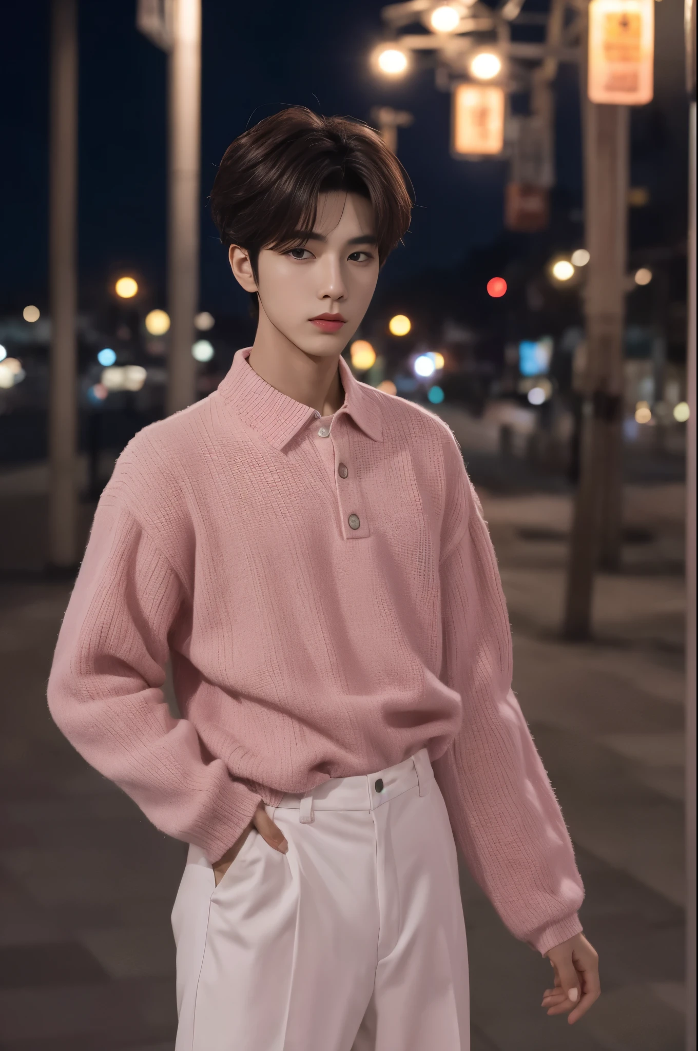 Mejor calidad,obra maestra,high resolution,1 chico,Modelo de moda,enfoque masculino,Solo,city night seoul south korea , 20 years , pelo rosa pastel, kpop dancer