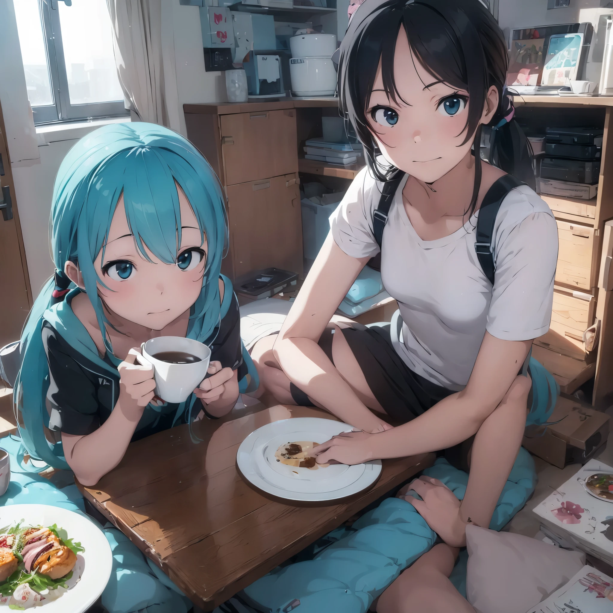 (dynamic angle:1.4), Hatsune Miku,Anime girl sitting on the floor with a cup of coffee and a plate of food,Created at Anime Artist Studio, anime girl drinks a drink, 2D CG, Advanced digital anime art, anime character, anime girl squatting, anime style