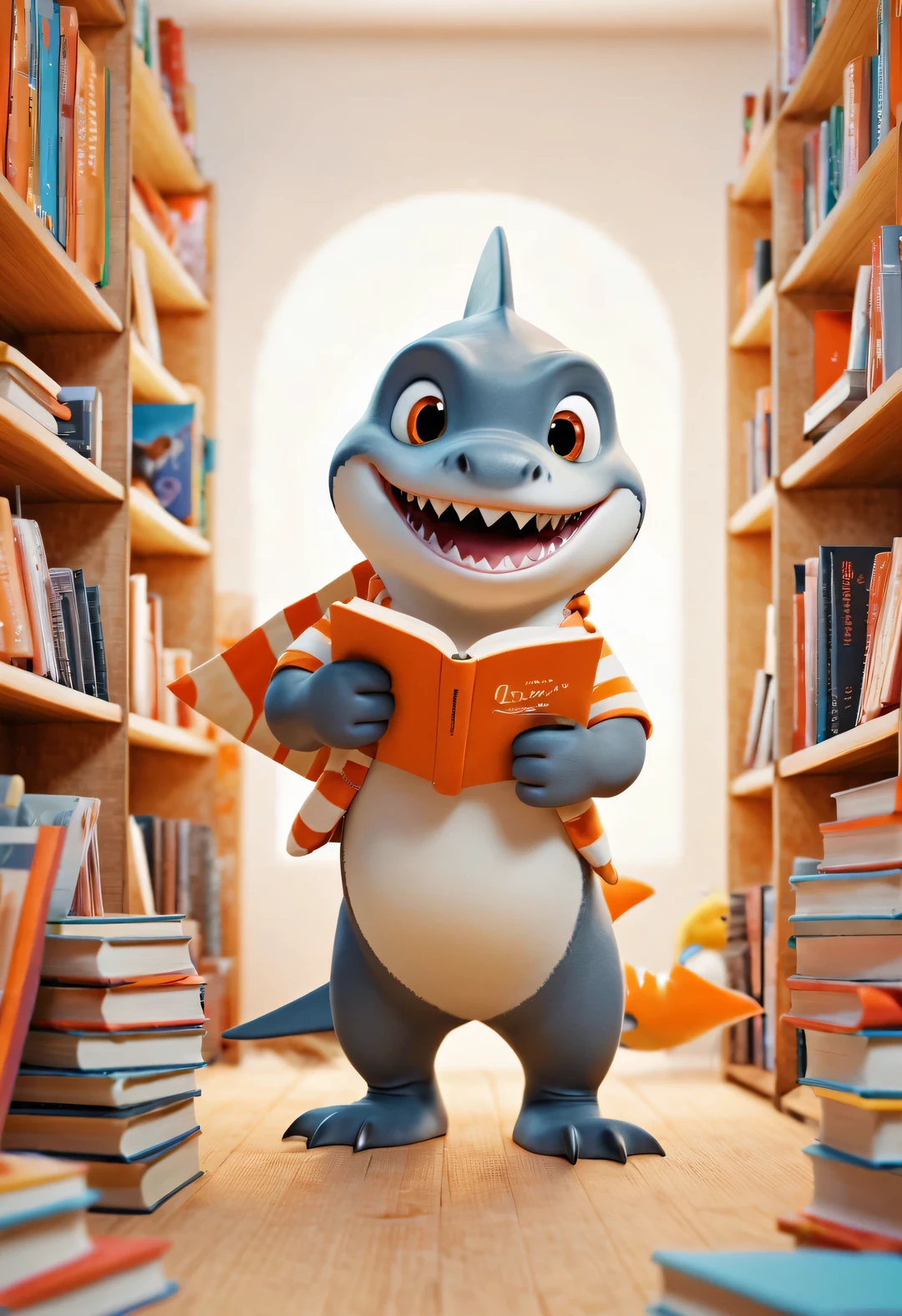 Cartoon poster design，character idea，scenography，Very unified CG design，（Oscar the little shark is holding many books：1.1），Oscar the baby shark has a silver body，with orange stripes，The mouth is also small，His eyes were big and bright，Always sparkling with wisdom and curiosity，His tail is very strong，His eyes are sharp and alert，The orange stripes on the body are more vivid，holding book，The pages cover his entire body，half turkish，低饱和度皮克斯Ultra-detailed，looking at the audience，Very detailed，Macaron color，POP MART POP MART，White background，Close-up avatars are of the best quality。Ultra-detailed.Ultra-detailed.3D，c4d。mixer，Overclocked renderer。illumination，ultra high definition，3D rendering Oscar is a very unique and interesting，inspired by《shark tale》，backstage talk show