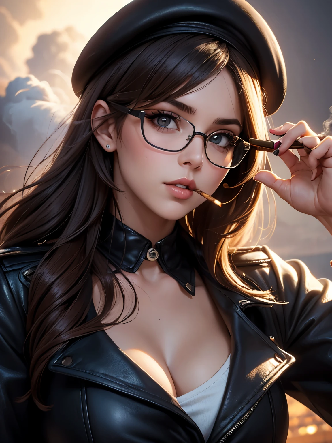 (best quality), (high detail), (perfect body), (beautiful face), (1girl), (close-up ), (headshot), smoking a large cigar, wearing a beret, aviator glasses, clouds of smoke over her face, HDR, UHD, 4K, 3D