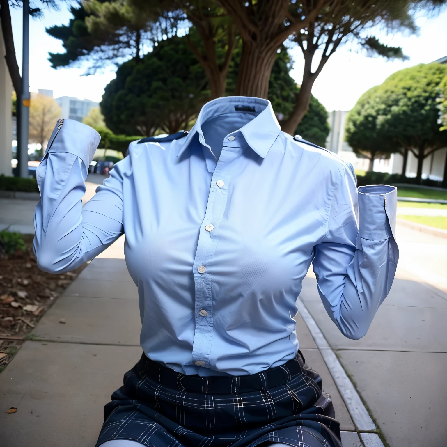 (school uniform), park, cute pose, (invisible, no humans, headless, faceless:1.5), (close-up to breasts), cute big breasts, chubby, fat, plaid skirt, blue stripe tie, long sleeve, sitting in the air