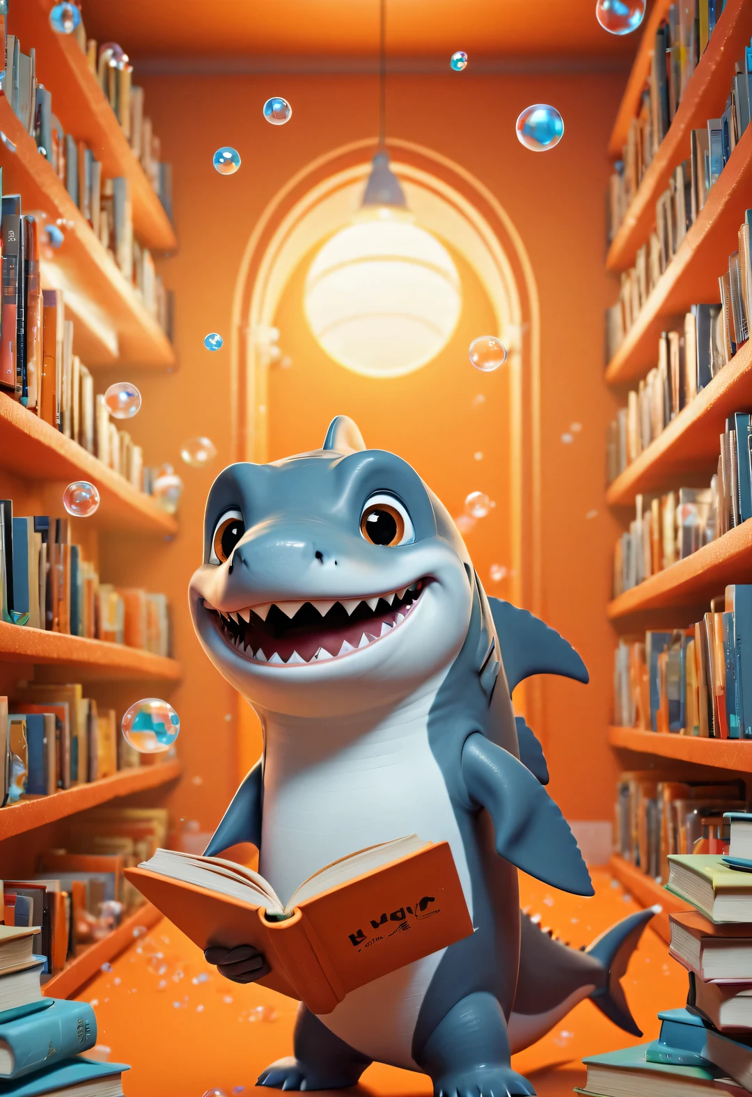 Cartoon poster design，character idea，scenography，Very unified CG design，（Oscar the little shark is holding many books：1.1），Oscar the baby shark has a silver body，with orange stripes，The mouth is also small，His eyes were big and bright，Always sparkling with wisdom and curiosity，His tail is very strong，His eyes are sharp and alert，The orange stripes on the body are more vivid，holding book，The pages cover his entire body，half turkish，低饱和度皮克斯Ultra-detailed，looking at the audience，Very detailed，Macaron color，POP MART POP MART，白色background，Close-up avatars are of the best quality。Ultra-detailed.Ultra-detailed.3D，c4d。mixer，Overclocked renderer。illumination，ultra high definition，3D rendering Oscar is a very unique and interesting，inspired by《shark tale》，background：underwater的书城，underwater，lots and lots of bubbles
