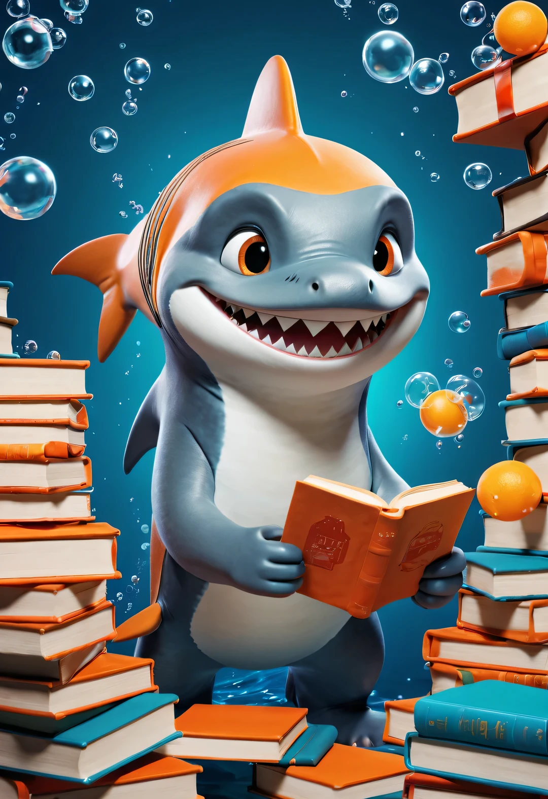 Cartoon poster design，character idea，scenography，Very unified CG design，（Oscar the little shark is holding many books：1.1），Oscar the  shark has a silver body，with orange stripes，The mouth is also small，His eyes were big and bright，Always sparkling with wisdom and curiosity，His tail is very strong，His eyes are sharp and alert，The orange stripes on the body are more vivid，holding book，The pages cover his entire body，half turkish，低饱和度皮克斯Ultra-detailed，looking at the audience，Very detailed，Macaron color，POP MART POP MART，白色background，Close-up avatars are of the best quality。Ultra-detailed.Ultra-detailed.3D，c4d。mixer，Overclocked renderer。illumination，ultra high definition，3D rendering Oscar is a very unique and interesting，inspired by《shark tale》，background：underwater的书城，underwater，lots and lots of bubbles
