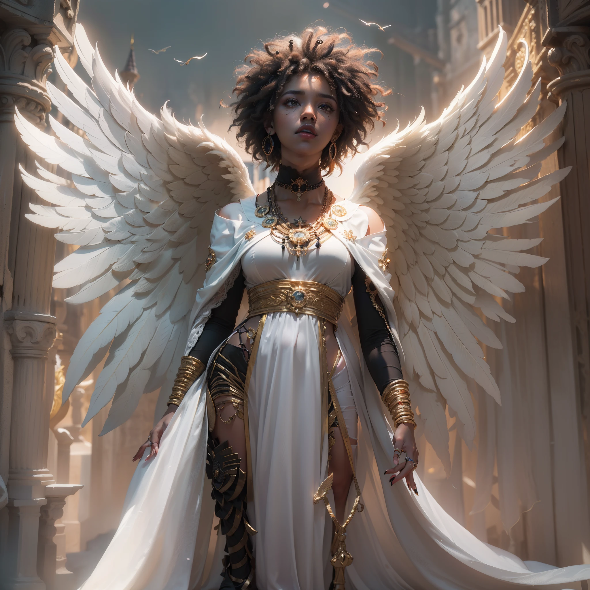(Numerous award-winning masterpiece s, incredibly detailed, textures and maximum detail), (full body standing image:1.8), (upper body close-up:0.3), (hyper realistic:1.4), (realistic:1.3), (top quality real texture skin ), (fine circle symmetrical eyes), (finely painted beautiful face), (angelic ring of divine radiance overhead:1.8), ((medieval world)), (finely crafted graceful divine white costume: 1.8), (black angel of the Lord or white angel of the Lord: 1.6), (full body standing image: 1.8), (beautiful and gentle eyes), (she is smiling blissfully), (beautiful colored eyes filled with compassion), (full body standing image:1.8), (shining majestic cloud masses and sky), (halo optical phenomenon:1.3), (angels dancing in the background), (dramatic light), (majestic scene), (her expression is gentle and full of tenderness and very beautiful), ((large wings with pure white feathers behind her shoulders)), (((folded wings))), glass earrings in her ears, (((dramatic photo))), (twilight), (sunset), (dusk), (sacred pose)), (golden hair), (silver hair), (chestnut hair), short cut hair, (short hair)) ((looking up)), ((looking down)), ((gives full-length standing image)), (simple necklace with elaborate workmanship around her neck), old ruins infested with plants, great temple, cathedral, temple ruins, temple away from temple, (glowing magic circle), ruins of ancient castle, deserted ruins Crumbling ruins, Ancient ruins with clear water, Sacred light, epic realistic, ((neutral color)), (HDR:1.5), (subdued color:1.2), highly detailed, cinematic, warm light, dramatic light, (complex detail:1.1), complex background, highly detailed, ultra-realistic, complex detail, (complex detail:1.1) Painting (artwork), ((masterpiece,top quality)), ((cinematic light)), scary, dark fantasy, faded, ((neutral color)), art, (art station:1.5), light effect, dramatic light, (complex detail:1.1), complex background, (greg latkowski:0.8 ), (teal and orange:0.4), ((beautiful black woman:1.8))
