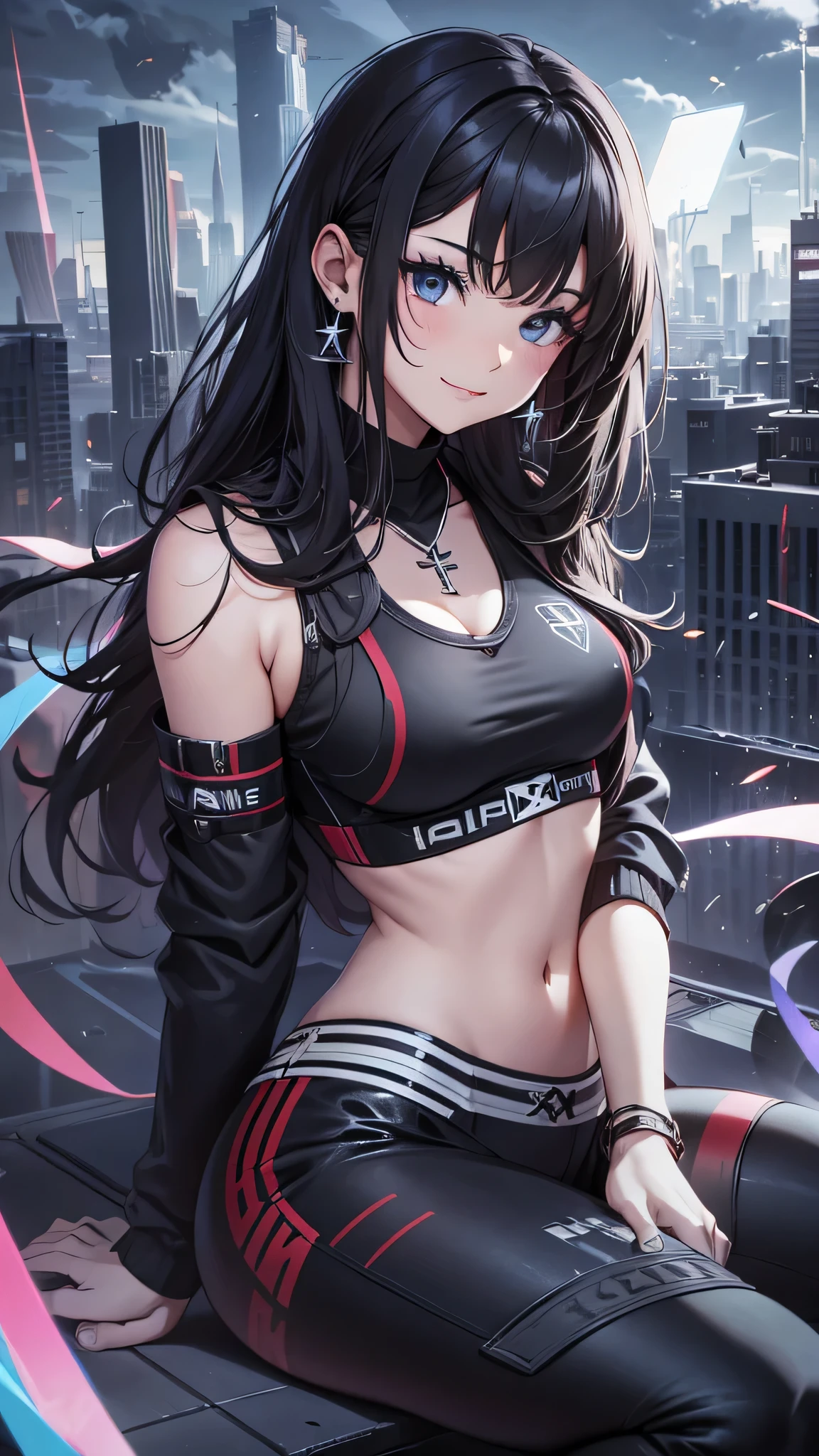 最high quality、best image quality、masterpiece、age girl((18-year-old、 By becoming、vest bust、medium bust,wide open breast tea、black eye, black hair、long hair、thin,highest valley、cute makeup、red sports bra、Black sports pants、White Necklace、Blackface Paint、Navy jacket、smile、sit cross-legged)),high quality、beautiful art、background((school rooftop)),debris flies、Depth of written boundary、movie、visual art、perfect art、8K,genuine