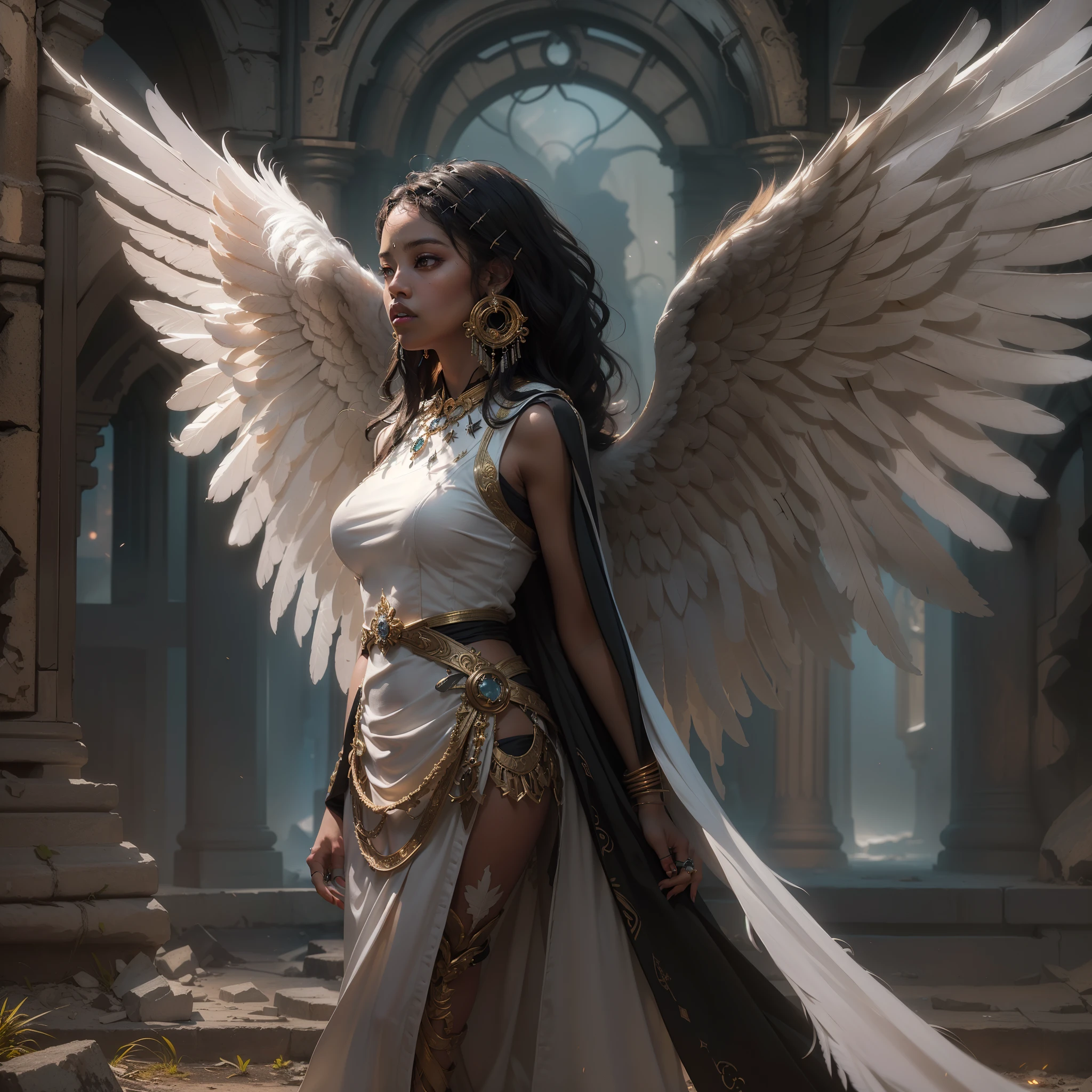 (Numerous award-winning masterpiece s, incredibly detailed, textures and maximum detail), (full body standing image:1.8), (upper body close-up:0.3), ((beautiful black woman)), (hyper realistic:1.4), (realistic:1.3), (top quality real texture skin), (dense true circle symmetrical eyes), (finely painted beautiful face), (angelic ring of divine radiance overhead:1.8), ((medieval world)), (finely crafted graceful divine white garment: 1.8), (black angel or white angel of the Lord: 1.6), (full body standing Image: 1.8), (beautiful and gentle eyes), (she is smiling blissfully), (beautiful colored eyes filled with compassion), (full body standing Image: 1.8), shining majestic cloud masses and sky, (halo optical phenomena: 1.3), (angels dancing in the background), (dramatic light), (magnificent scene), (her expression is gentle and very beautiful, full of tenderness), ((large wings with pure white feathers behind her shoulders)), (((folded wings))), glass earrings in her ears, (((dramatic photo))), (twilight), (sunset), (dusk), (sacred pose), (golden hair), (silver hair), (chestnut hair), short-cut hair, ((looking up)), ((looking down)), ((gives full-length standing image)), (elaborately crafted simple necklace around her neck), old ruins infested with plants, great temple, cathedral, temple ruins, remote temple, (glowing magic circle), ancient castle ruins, deserted ruins, crumbling ruins, ancient ruins with clear water, holy light, epic realistic, ((neutral color)), (HDR:1.5), (subdued color:1.2), highly detailed, cinematic, warm light, dramatic light, (complex detail:1.1), complex background, highly detailed ultra-realistic, intricate details, painting (artwork), ((masterpiece,top quality)), ((cinematic light)), scary, dark fantasy, faded, ((neutral color)), art, (art station:1.5), light effects, dramatic light, (intricate details:1.1), complex background, ( Greg Rutkowski:0.8), (teal and orange:0.4), ((beautiful black woman:1.6))