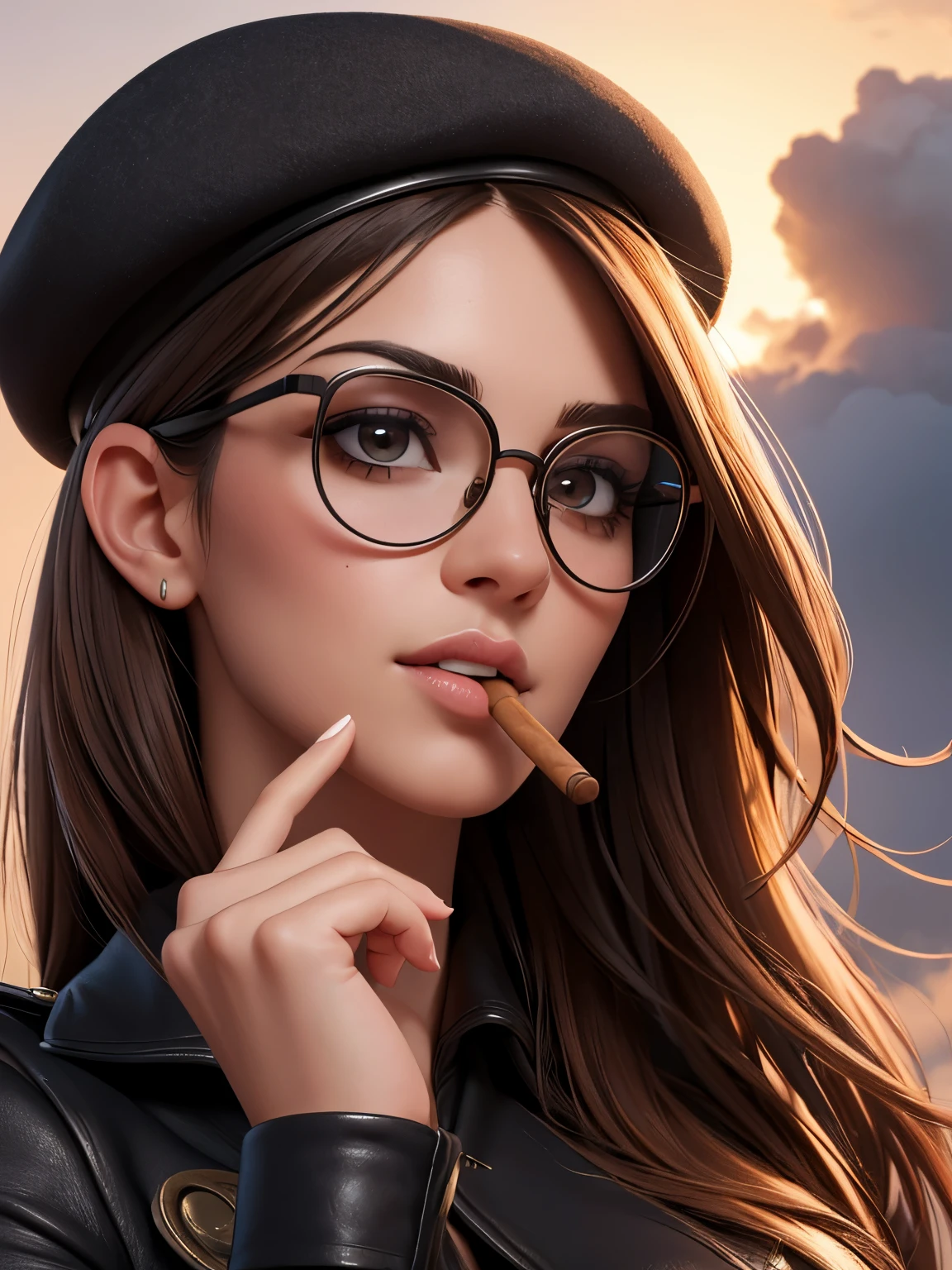 (best quality), (high detail), (perfect body), (beautiful face), (1girl), (close-up ), (headshot), smoking a large cigar, wearing a beret, aviator glasses, clouds of smoke over her face, HDR, UHD, 4K, 3D