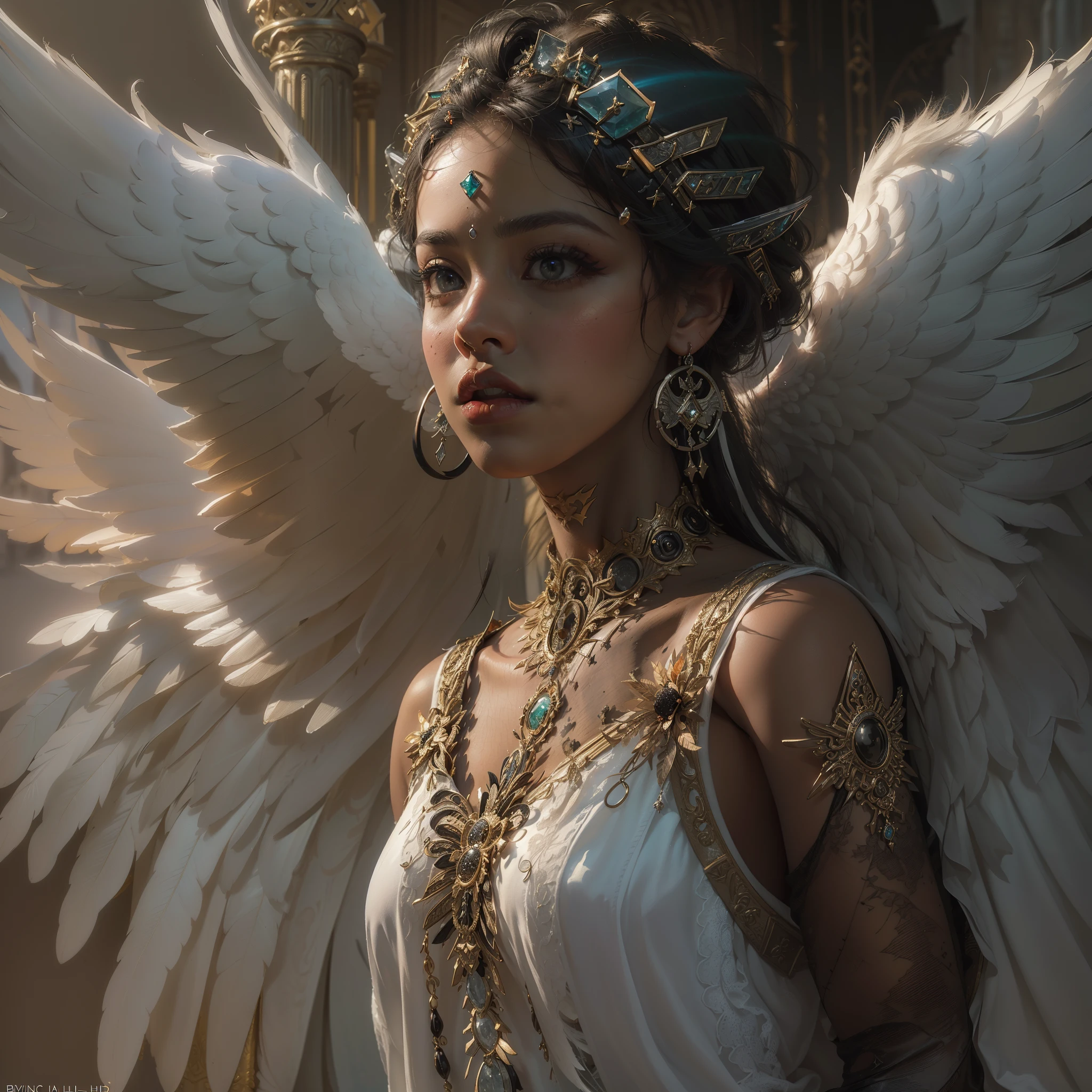 (Numerous award-winning masterpiece s, incredibly detailed, textures and maximum detail), (full body standing image:1.8), (upper body close-up:0.3), ((beautiful black woman)), (hyper realistic:1.4), (realistic:1.3), (top quality real texture skin), (dense true circle symmetrical eyes), (finely painted beautiful face), (angelic ring of divine radiance overhead:1.8), ((medieval world)), (finely crafted graceful divine white garment: 1.8), (black angel or white angel of the Lord: 1.6), (full body standing Image: 1.8), (beautiful and gentle eyes), (she is smiling blissfully), (beautiful colored eyes filled with compassion), (full body standing Image: 1.8), shining majestic cloud masses and sky, (halo optical phenomena: 1.3), (angels dancing in the background), (dramatic light), (magnificent scene), (her expression is gentle and very beautiful, full of tenderness), ((large wings with pure white feathers behind her shoulders)), (((folded wings))), glass earrings in her ears, (((dramatic photo))), (twilight), (sunset), (dusk), (sacred pose), (golden hair), (silver hair), (chestnut hair), beautiful hair, ((looking up)), ((looking down)), ((gives full-length standing image)), (simple necklace with elaborate workmanship around her neck), old ruins infested with plants, great temple, cathedral, temple ruins, remote temple, (glowing magic circle), ancient castle ruins Deserted ruins, Crumbling ruins, Ancient ruins with clear water, Sacred light, epic realistic, ((neutral)), (HDR:1.5), (subdued colors:1.2), highly detailed, cinematic, warm light, dramatic light, (complex details:1.1), complex background, highly detailed, ultra-realistic (artwork), ((masterpiece,top quality)), ((cinematic light)), frightening, dark fantasy, faded, ((neutral color)), art, (art station:1.5), light effect, dramatic light, (intricate detail:1.1), intricate background, ( Greg Rutkowski:0.8), (teal and orange:0.4), ((beautiful black woman:1.6))