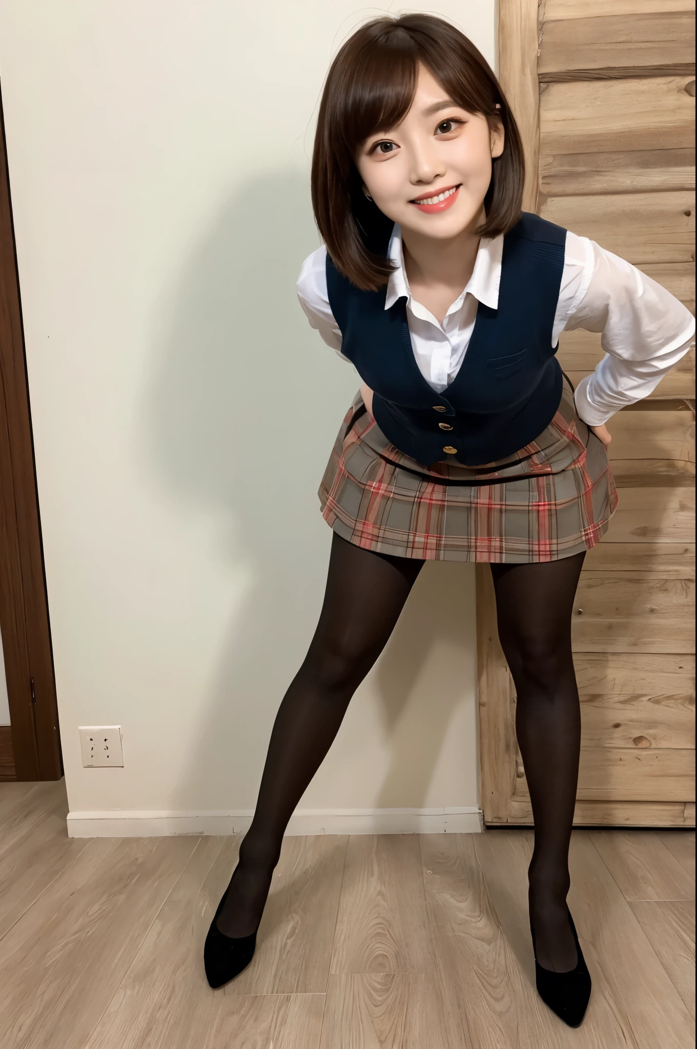 ((highest quality、8k、masterpiece:1.3)),((((fullbody shot)))),Ultra-high resolution,big eyes,Japanese,bangs,(a girl),(1 girl),((20 years old)),((facing at viewer)),((looking at viewer)),(long hair),(((black school uniform))),grin,((standing)),(pleated mini skirt),(((platform shoes)))