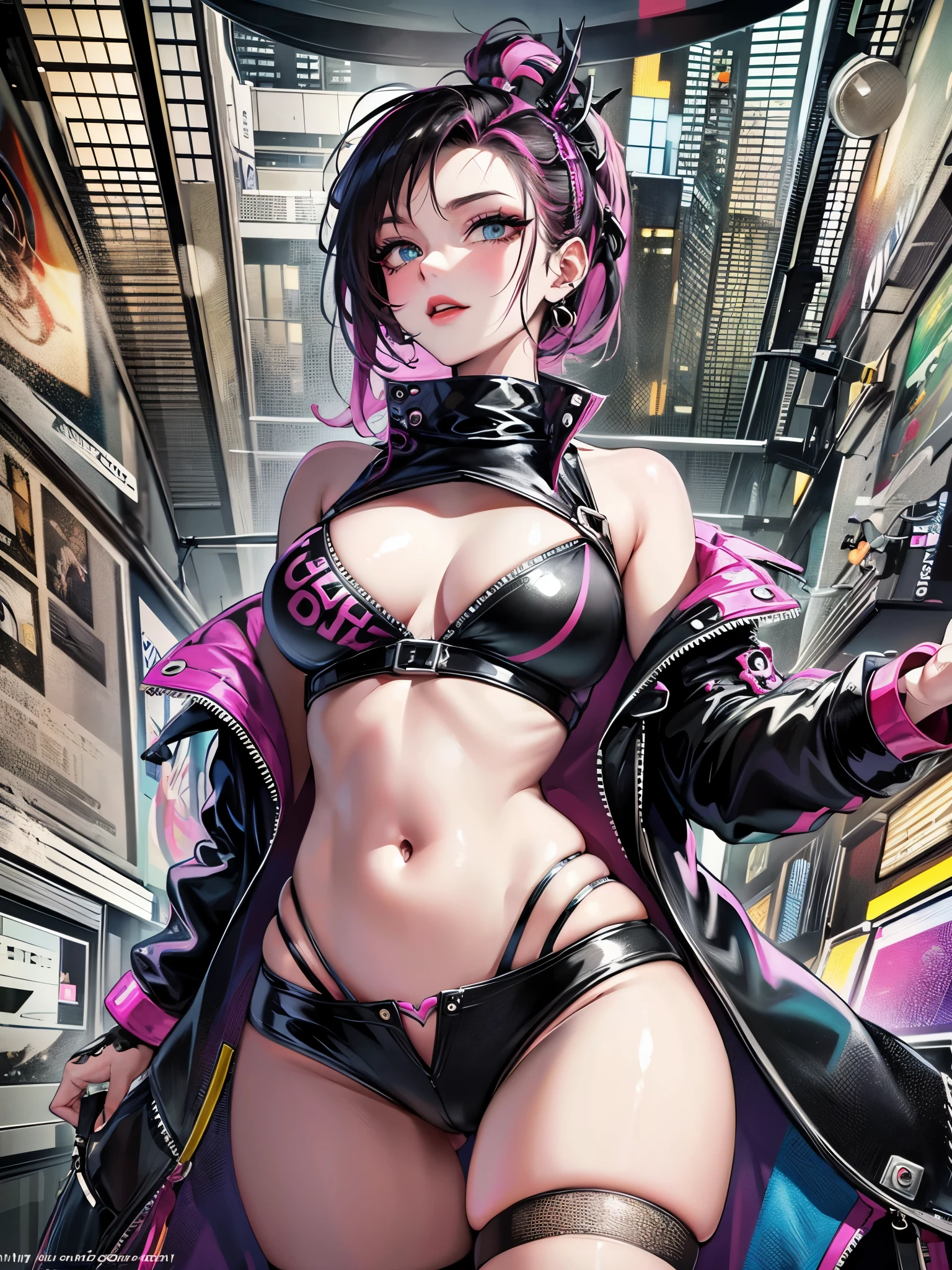 ((highest quality)),(ultra high resolution),(Super detailed),(detailed description),((best CG)),(best work of art),super precision art,great drawing art,(Modern art with precise details:1.5), (1 woman:1.6),beautiful and well-shaped face:1.6,makeup:1.3,toned belly:1.5,((Punk fashion depicted in precise detail:1.5)),