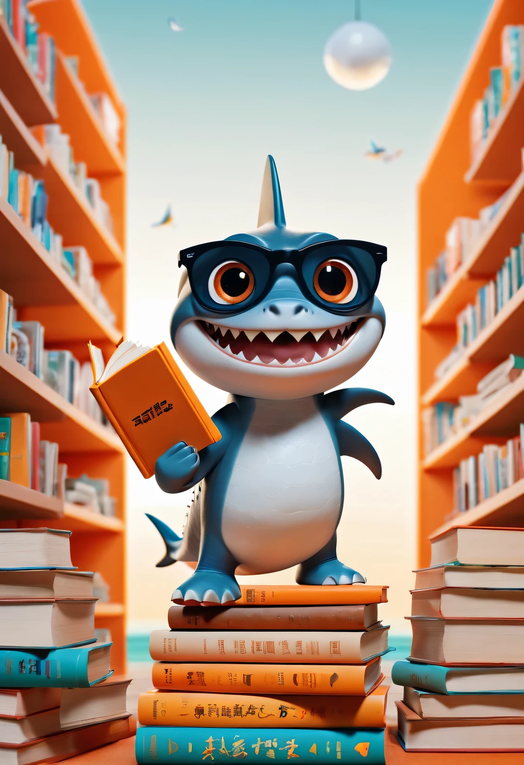 Cartoon poster design，character idea，scenography，Very unified CG design，（Oscar the little shark wearing myopia glasses holds many books：1.1），Oscar the  shark has a silver body，with orange stripes，The mouth is also small，His eyes were big and bright，Always sparkling with wisdom and curiosity，His tail is very strong，His eyes are sharp and alert，The orange stripes on the body are more vivid，holding book，The pages cover his entire body，half turkish，低饱和度皮克斯Ultra-detailed，looking at the audience，Very detailed，Macaron color，POP MART POP MART，White background，Close-up avatars are of the best quality。Ultra-detailed.Ultra-detailed.3D，c4d。mixer，Overclocked renderer。illumination，ultra high definition，3D rendering Oscar is a very unique and interesting，inspired by《shark tale》，backstage talk show