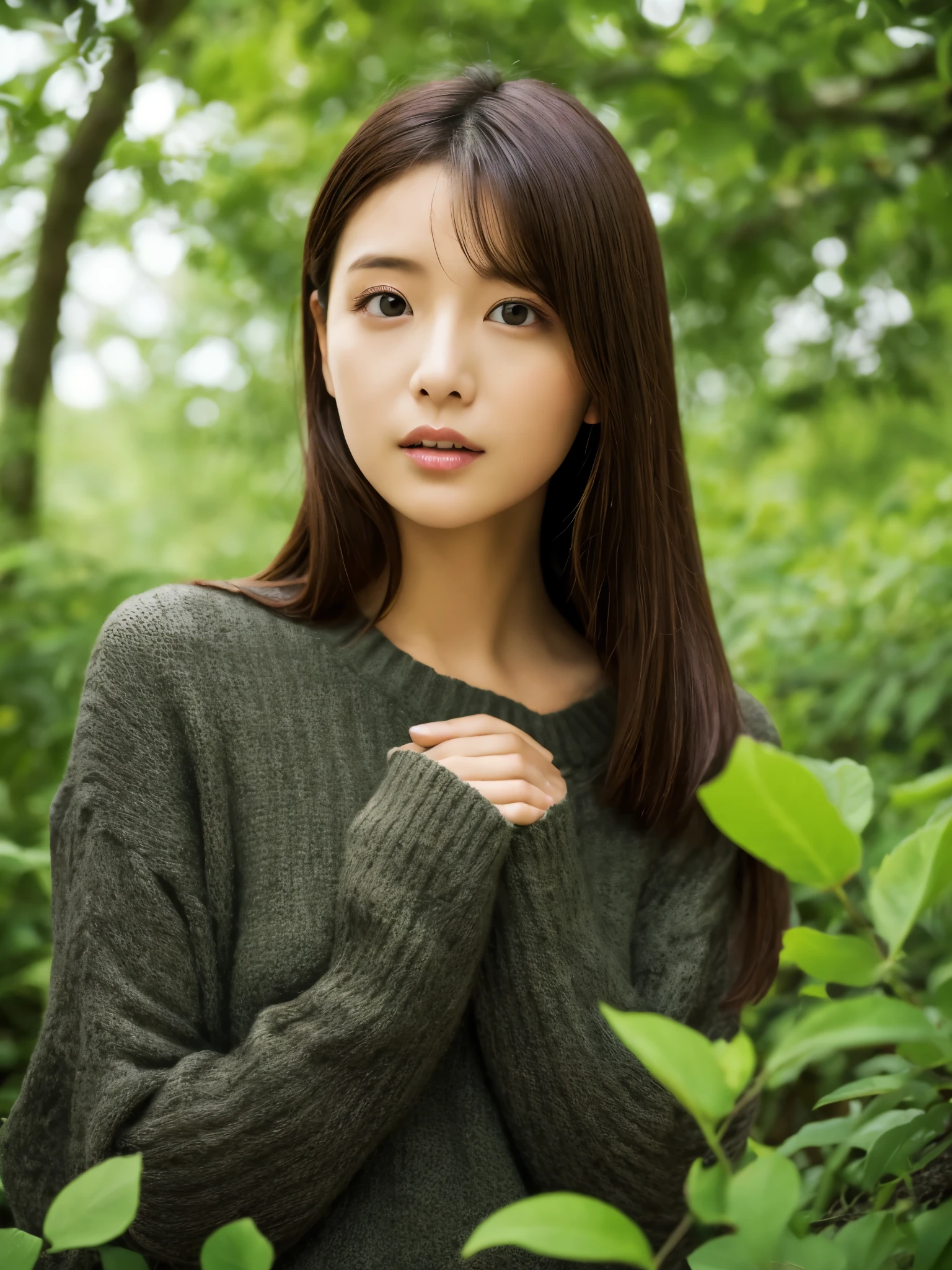 Slender Japanese woman staring at the camera、Black turtleneck sweater、Green tree on background々or bushes、High resolution、High resolutionの画像、photo from the waist up