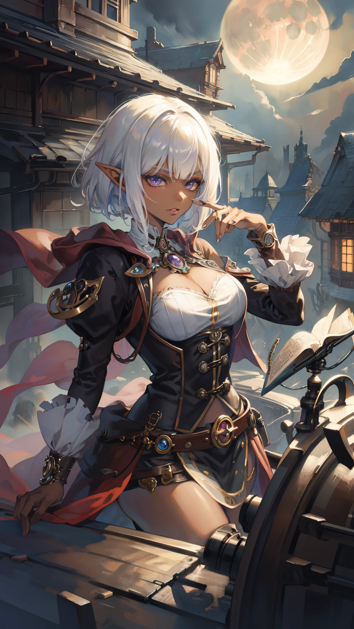 ((masterpiece )), (top quality), (best quality), ((ultra-detailed, 8k quality)), Aesthetics, Cinematic lighting, (detailed line art), Beautiful digital artwork, Exquisite digital illustration, absurdres, 
BREAK,
ultra detailed portrait of Milf Dark Elf Woman, wizard, mage, illustration in steampunk style by Yoji Shinkawa, steampunk_costume, (Wearing robe), Bring a grimoire, dynamic pose, cinematic dramatic atmosphere, watercolor painting, muted colors, watercolor style fluid and sharp focus, Art by ((Mikimoto Haruhiko)), (magical academy in steampunk architecture), dark atmosphere, full moon sky, dark night Background, (steampunk theme:1.1), intricate environment, detailed background,
BREAK,
highly detailed of (dark elf), (1girl), perfect face, details eye, Bob cut hair, Blunt bangs, (hair between eye), blonde white hair, (violet eyes), eyelashes, eyeshadow, pink eyeshadow,  glaring, smile, design art by Mikimoto Haruhiko, by Kawacy, By Yoshitaka Amano,
BREAK, 
((perfect anatomy)), nice body, medium breast, (extremely detailed finger), best hands, perfect face, beautiful face, beautiful eyes, perfect eyes, perfect fingers, correct anatomy, ((dark skin)),