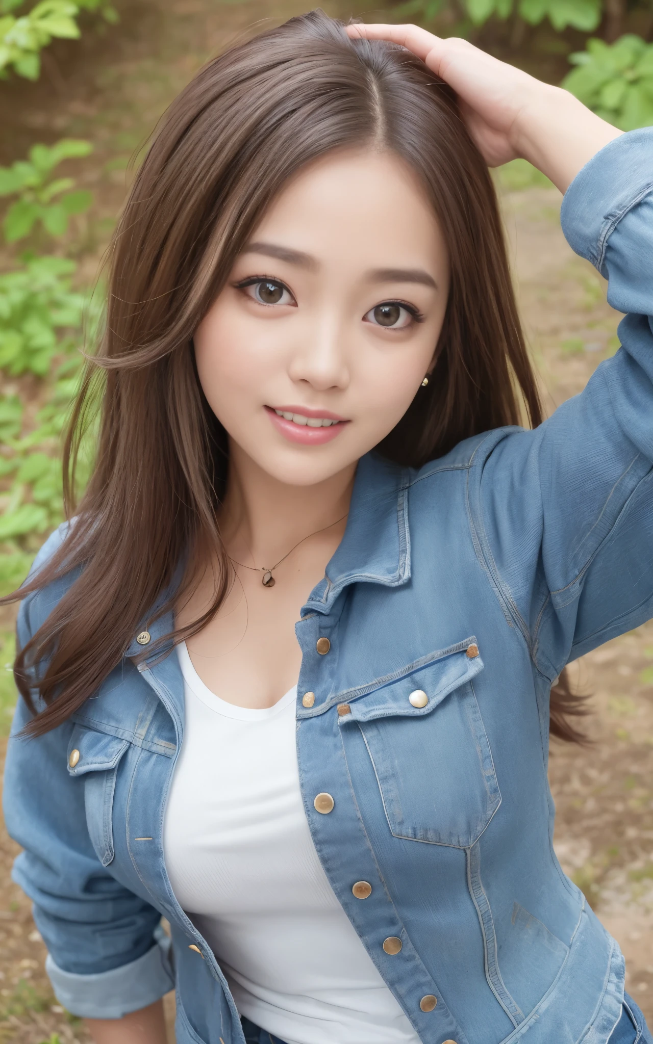 highest quality, figure, super detailed, finely, High resolution, 8k wallpaper, 完璧なダイナミックな構figure, beautiful skin, (Big eyes that shine like jewels), 20 year old beautiful girl, natural color lip, random sexy poses, Chest middle, smile, Highly detailed face and skin texture, Detailed eyes, Double eyelid,leaking teeth and laughing, close-up, from above, Brown hair medium hair, (Denim jacket), (shirt:1.2), beautiful forest