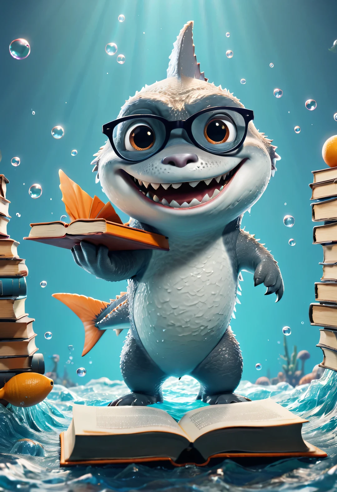 Cartoon poster design，character idea，scenography，Very unified CG design，（Oscar the little shark wearing myopia glasses holds many books：1.1），Oscar the baby shark has a silver body，with orange stripes，The mouth is also small，His eyes were big and bright，Always sparkling with wisdom and curiosity，His tail is very strong，His eyes are sharp and alert，The orange stripes on the body are more vivid，holding book，The pages cover his entire body，half turkish，Low saturation Pixar hyper-detail，looking at the audience，Very detailed，Macaron color，POP MART POP MART，白色background，Close-up avatars are of the best quality。Super detailed.Super detailed.3D，c4d。mixer，Overclocked renderer。illumination，ultra high definition，3D rendering Oscar is a very unique and interesting，inspired by《shark tale》，background：underwater的书城，underwater，lots and lots of bubbles