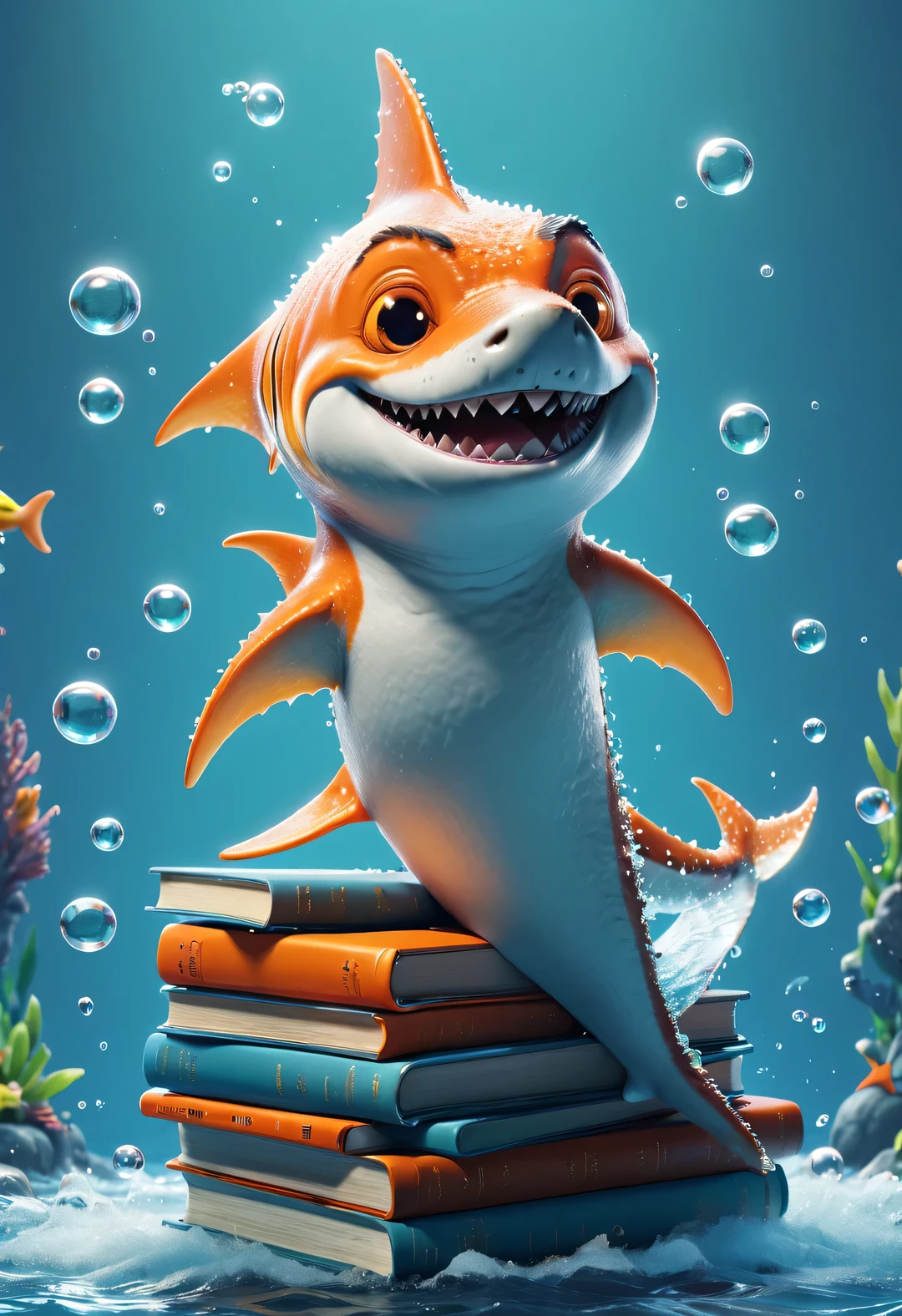 Cartoon poster design,character idea,scenography,Very unified CG design,(Oscar the little shark wearing myopia glasses holds many books:1.1),Oscar the baby shark has a silver body,with orange stripes,The mouth is also small,His eyes were big and bright,Always sparkling with wisdom and curiosity,His tail is very strong,His eyes are sharp and alert,The orange stripes on the body are more vivid,holding book,The pages cover his entire body,half turkish,低饱和度皮克斯Ultra-detailed,looking at the audience,Very detailed,Macaron color,POP MART POP MART,白色background,Close-up avatars are of the best quality。Ultra-detailed.Ultra-detailed.3D,c4d。mixer,Overclocked renderer。illumination,ultra high definition,3D rendering Oscar is a very unique and interesting,inspired by《shark tale》,background:underwater的书城,underwater,lots and lots of bubbles