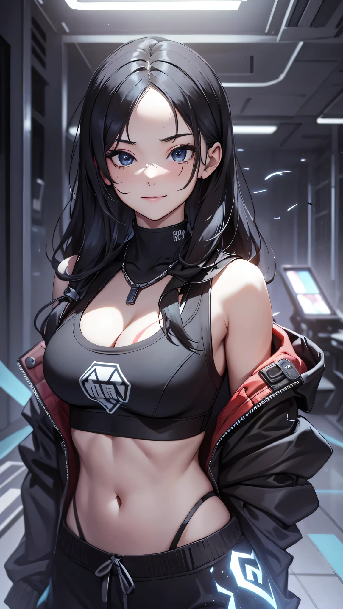 最high quality、best image quality、masterpiece、age girl((18-year-old、 By becoming、vest bust、medium bust,wide open breast tea、black eye, black hair、long hair、thin,highest valley、cute makeup、red sports bra、Black sports pants、White Necklace、Blackface Paint、Navy jacket、smile、Drive a car)),high quality、beautiful art、background((Game Space、Virtual space)),debris flies、Depth of written boundary、movie、visual art、perfect art、8K,genuine