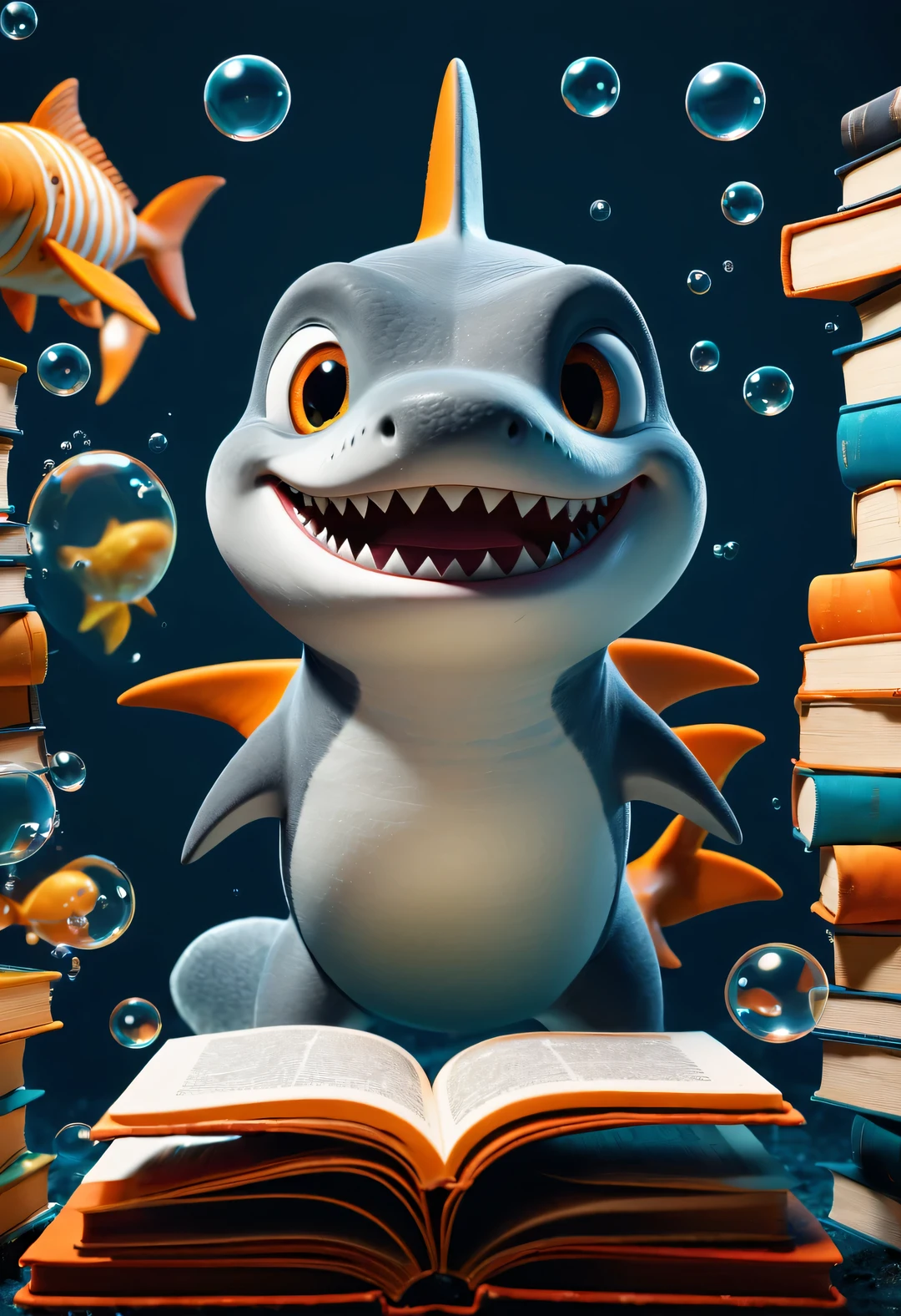 Cartoon poster design，character idea，scenography，Very unified CG design，（Oscar the little shark wearing myopia glasses holds many books：1.1），Oscar the  shark has a silver body，with orange stripes，The mouth is also small，His eyes were big and bright，Always sparkling with wisdom and curiosity，His tail is very strong，His eyes are sharp and alert，The orange stripes on the body are more vivid，holding book，The pages cover his entire body，half turkish，低饱和度皮克斯Ultra-detailed，looking at the audience，Very detailed，Macaron color，POP MART POP MART，白色background，Close-up avatars are of the best quality。Ultra-detailed.Ultra-detailed.3D，c4d。mixer，Overclocked renderer。illumination，ultra high definition，3D rendering Oscar is a very unique and interesting，inspired by《shark tale》，background：海底的underwater的书城，underwater，There are many bubbles on the seabed
