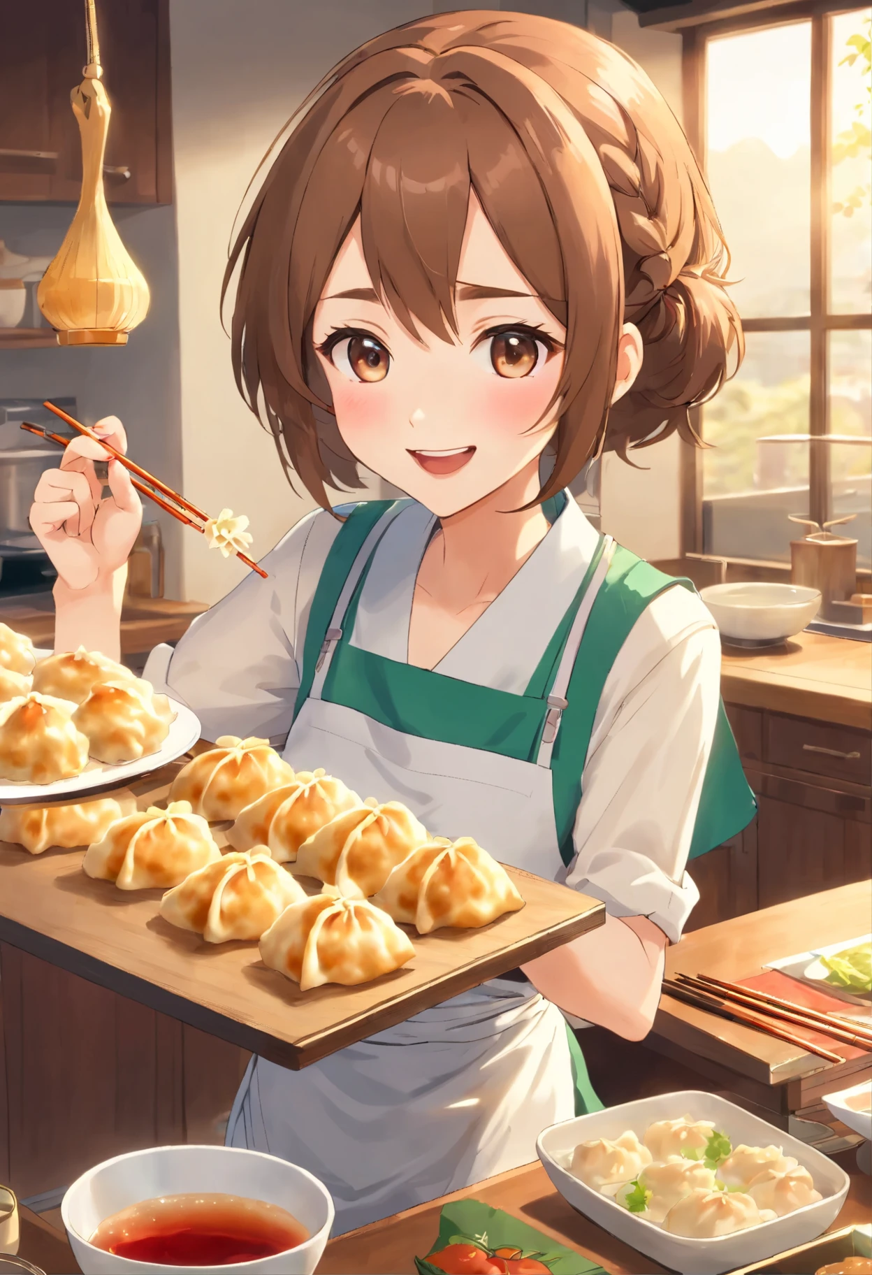 1lady solo, (holding up (gyoza dumplings) with chopsticks:1.2), (presenting dumplings towards viewers), (stylish outfit) apron, mature female, /(brown hair/) bangs, blush happy smile (open mouth), (masterpiece best quality:1.2) delicate illustration ultra-detailed, large breasts BREAK (dumplings baked and sizzling) BREAK (modern house living room) indoors