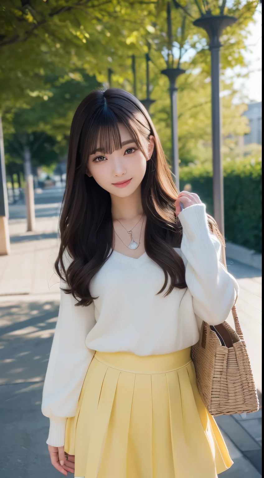 Innocent 16 year old girl、Plump thighs、Pale yellow winter outfit、Official feeling、sexy、Fashion coordination with light yellow as the main color、checked mini skirt、cute face,bright eyes,tear bag,honeycomb smile、shy smile,shortcut、Background of a park where the sun can be seen、Diagonal hanging bag、bright background、(highest quality:1.0), (realistic:1.0), (8K, RAW photo:1.1), (8k非常にbe familiar withなCGユニットの壁紙), (highest quality), (best illustrations), (best shadow), (be familiar with: 1.4), 3D, HDR (high dynamic range), ray tracing, NVIDIA RTX, super resolution, Scattered beneath the surface, PBR texture, Post-processing, anisotropic filtering, written boundary depth, maximum sharpness and acutance, multilayer texture, Albedo and highlight mapping, surface shading, Accurate simulation of light-matter interactions, perfect proportions, octane rendering, surreal、Photographed with Canon EOS R5、50mm lens、f / 2.8