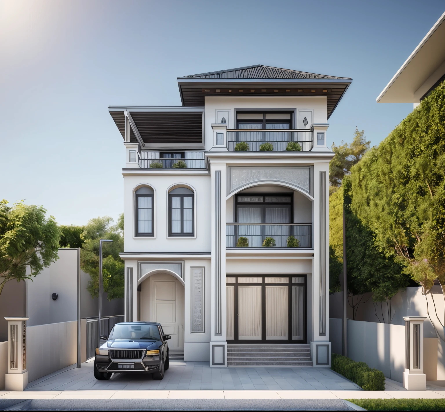 A (Photorealism:1.1) car parked in front of a two story building, clean linework, frontview, inter dimensional villa, (white wall:1.1), White column and wall details, (detail roof tile:1.1), (window glass detail:1.1), (wall lamp) 3rd floor details, (Balcony fence details:1.1), exterior design, white detailed sketch, neo - classical style, architectural illustration, realistic architecture, architectural concept, residential design, (masterpiece),(high quality), best quality, real,(realistic), super detailed, (full detail),(4k),8k,architecture, RAW photo,Masterpiece, high quality, best quality, authentic, super detail, exterior, outdoor town house style, street, white wall, louver roof, refection glass windows, climbing plant on the bacony,(straight line architecture arch:1.2), trees, beautifuL sky, (day:1.1),vray, people walking on the sidewalk in front of a house, photo render, corporate photo, digitally enhanced, render, exterior shot, photorealistic, screengrab, (god ray:1.1), digitally painted, transparent, front-view, an illustration of, full - view, discovered photo, still capture, unreal engine 5, octane render, cinematic, front lighting, ultra-detail, ((realistic)) depth of field, photography, ((Super detailed)), FKAA, TXAA, RTX, SSAO, Post Processing, Post-Production, CGI, VFX, SFX, Full color, HDR, Realistic,8k,((Unreal Engine 5)), Cinematic intricate detail, extreme detail, science, hyper-detail, FKAA, super detail, super realistic, crazy detail, intricate detail, reflected light on glass, eye-catching wall lights, unreal engine 5, octane render, cinematic, 8K,Detailed, High-fidelity, Viwvid, Crisp, The sun shines on the project,  Sharp, soft lighting, Bright, Stunning low, ((Lifelike)), Natural, ((Eye-catching)), Illuminating, Flawless, High-quality,Sharp edge rendering