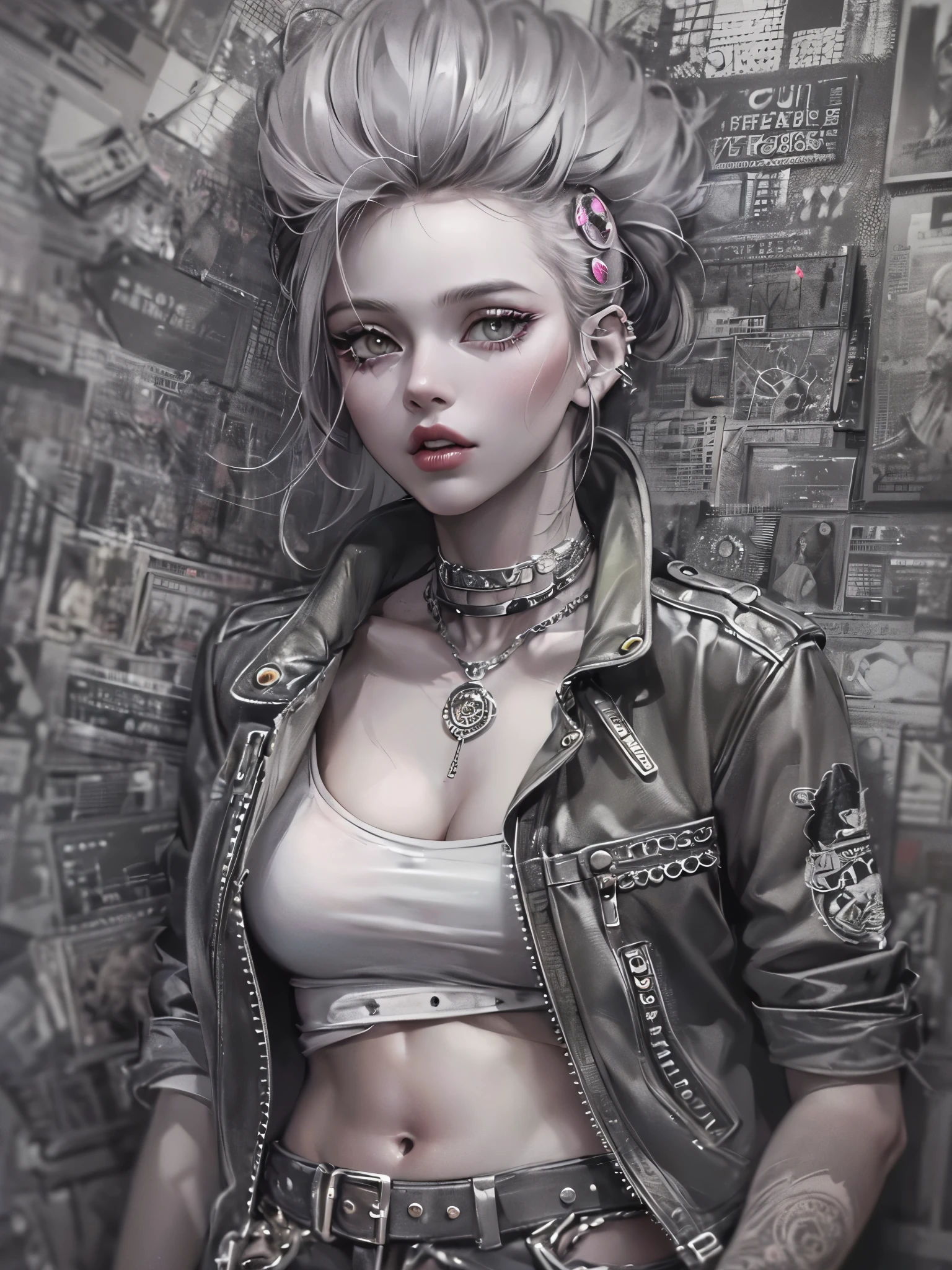 ((highest quality)),(ultra high resolution),(Super detailed),(detailed description),((best CG)),(best work of art),super precision art,great drawing art,(Modern art with precise details:1.5), (1 woman:1.6),beautiful and well-shaped face:1.6,makeup:1.3,toned belly:1.5,((Punk fashion depicted in precise detail:1.5)),
