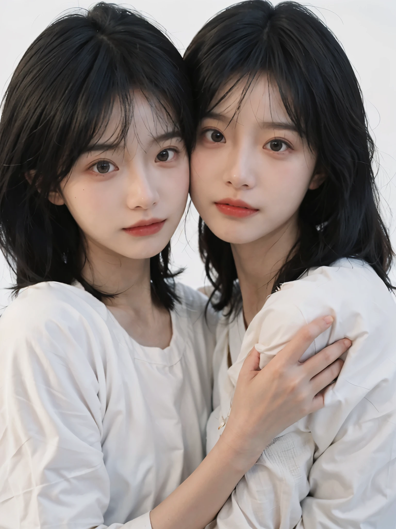 best quality， ultra high resolution， White background，（Upper body：1.4）（realistically：1.4）， 2个girl， gold short sleeves，cute，Atmosphere，twin，A pair of eyes as clear as snow,Royal sister，girl，looking at the audience， close up ，