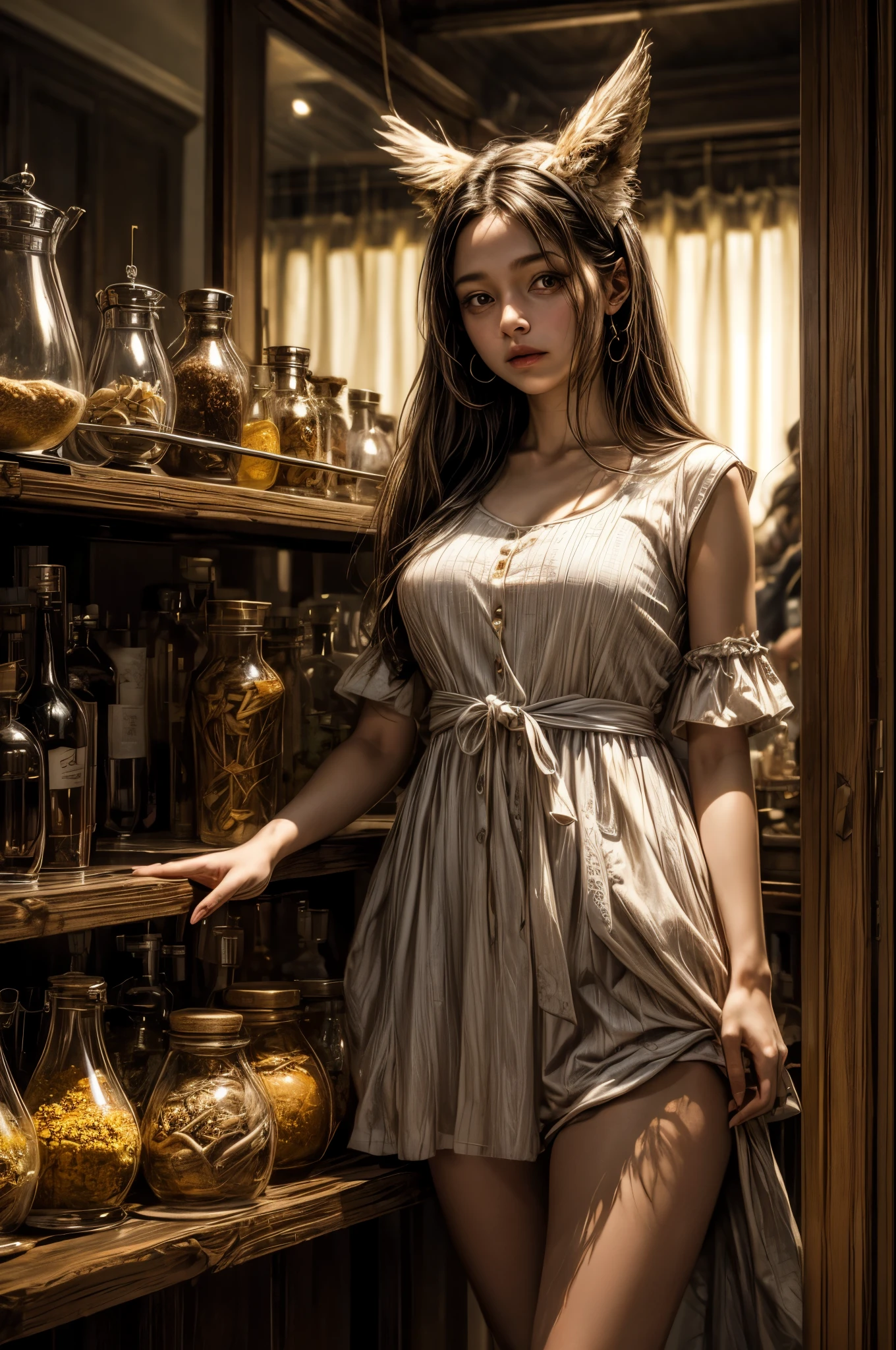 masterpiece、8K、32K、top-quality、(A detailed eye)、(A cute Japanese woman、bangss:1.3)、23years old、1 girl in、elegent、(Night dress:1.1)、a plant、(Cleavage of)、Sit up