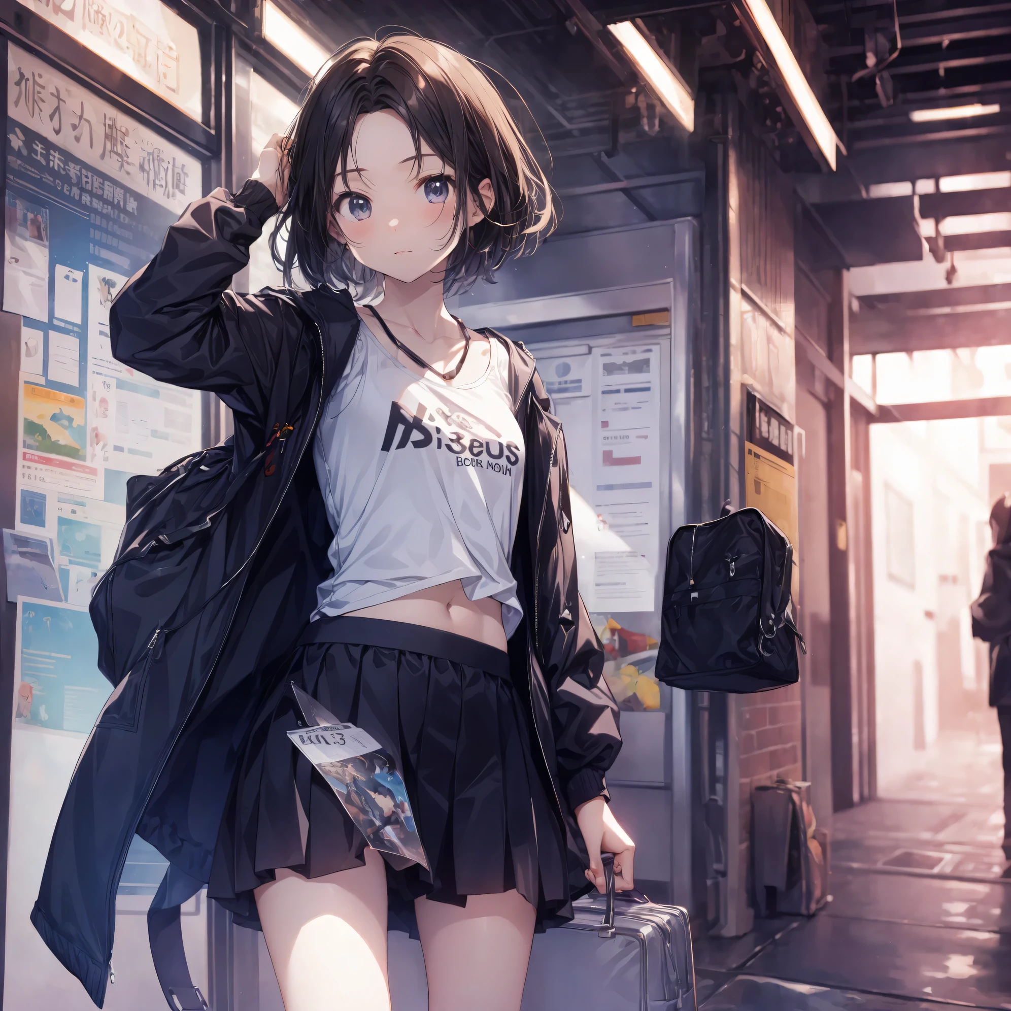 Super high quality by the art god, super detailed, High resolution, Shinkai Makoto style, anime moe art style, best anime 8K konachan wallpaper, pixiv contest winner, perfect anatomy, break,(眠そうにalone学校へ行く女の子を描いてください. ),break, surreal high school girl, (alone,change, child,13 years old:1.3),All limbs, full finger,Middle school students, androgynous charm, (very, very short hair), messy hair, flat and soft chest, small ass, between legs, Small black eyes,beautiful and fine eyes, Well-proportioned iris and pupils, disgusted eyes, High resolutionの詳細な髪, school uniform, (skirt), On the way to school. break,super dense skin, Best lighting by famous artists, 8K, figure,