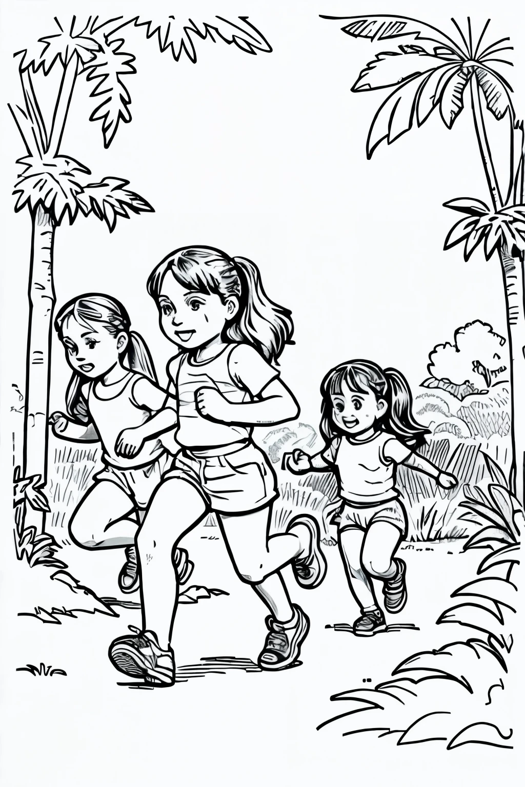kids with doll in jungle running, coloring page