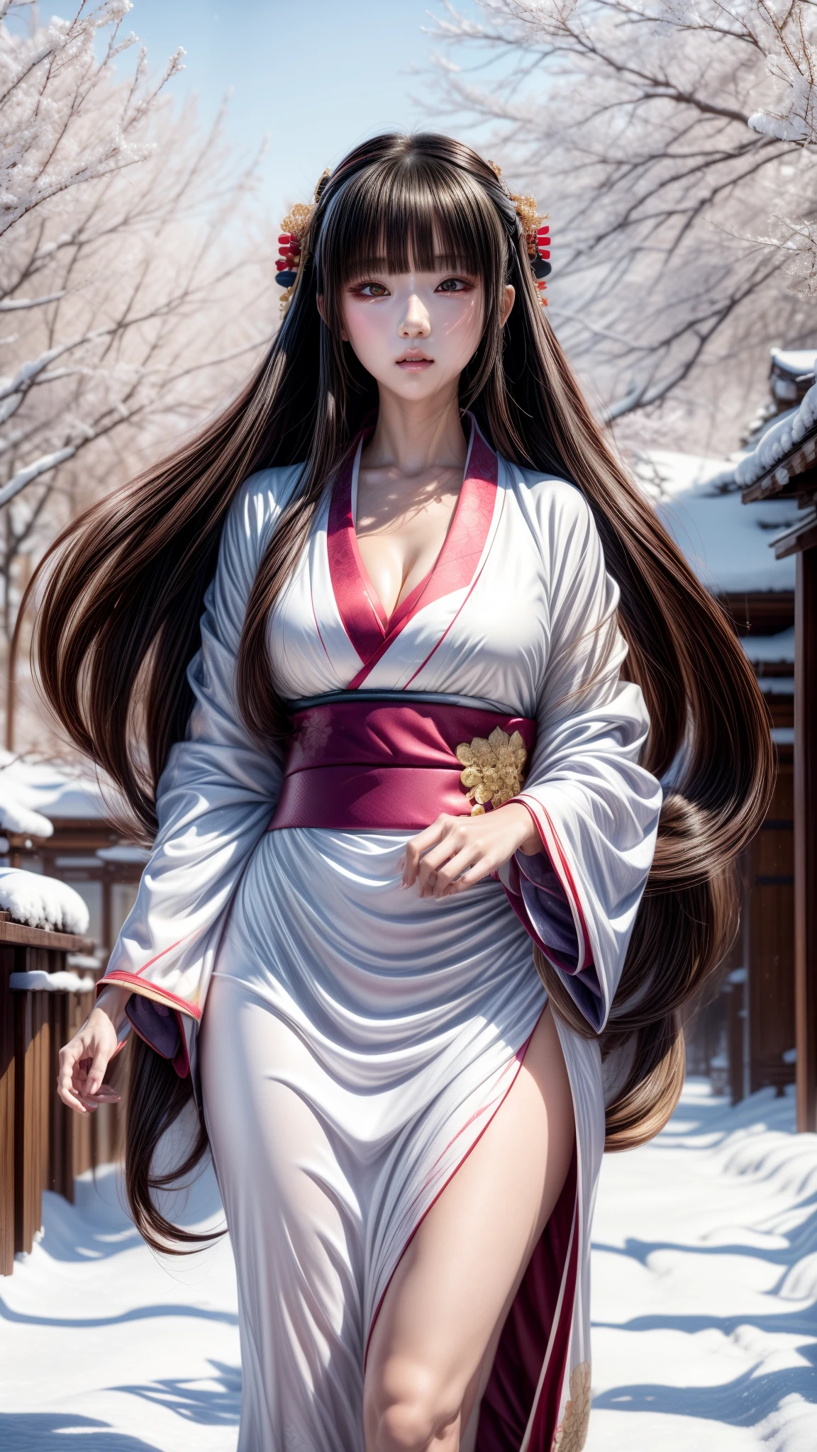 girl in kimono outfit walking down a snowy path, beautiful alluring anime woman, inspired by Nishikawa Sukenobu, a beautiful kitsune woman, beautiful anime woman, flowing white robes, seductive anime girl, japanese goddess, flowing hair and long robes, cute anime waifu in a nice dress, ”beautiful anime woman, anime woman, anime girl with long hair