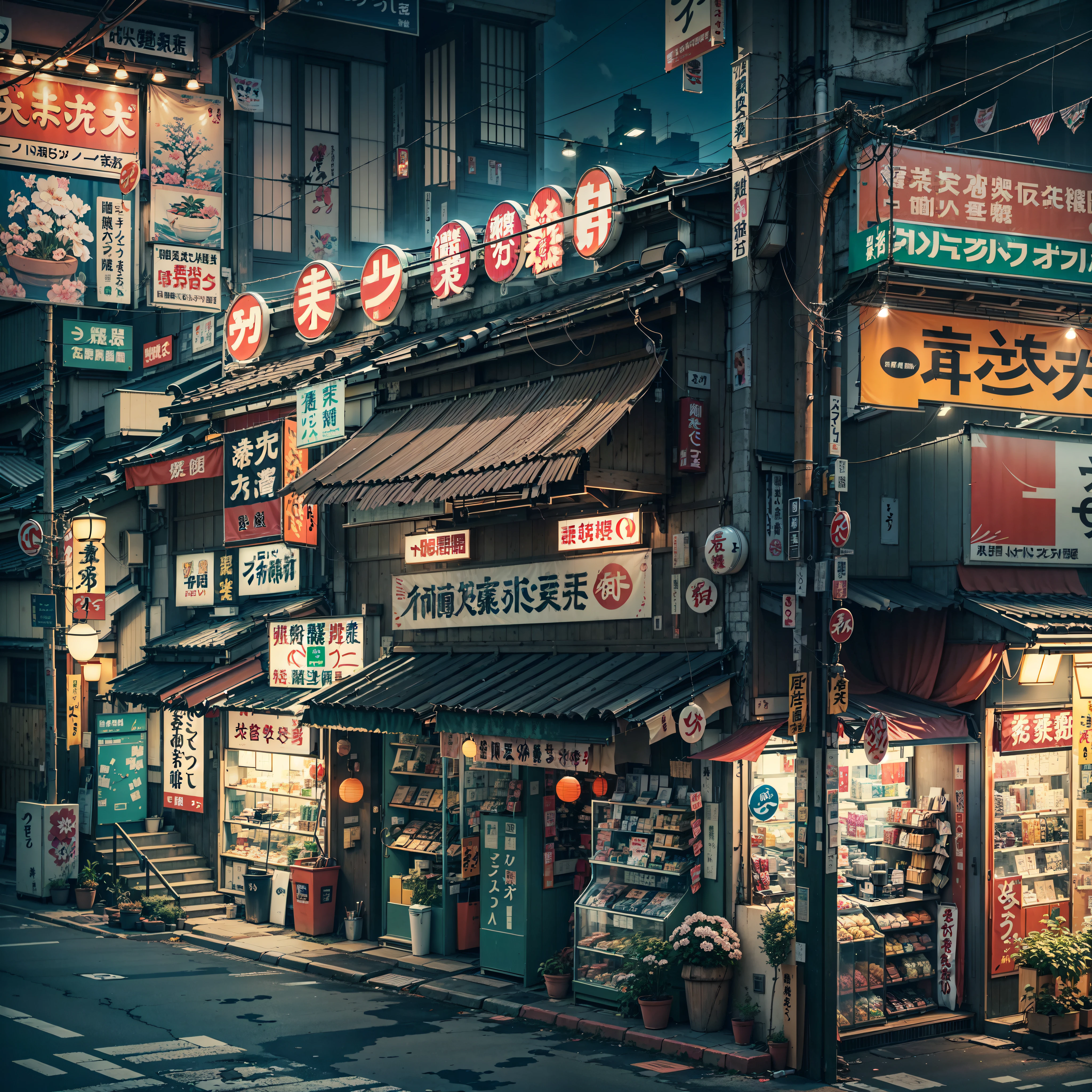 anime background, anime wallpaper, best quality, anime, anime style, anime vibe, anime scene, Tokyo retro shop, 80s style Japanese retro shop, Roadside shops on the road overlooking the city, Japan, nighttimetime, nighttime time, nighttime, dark, The scene lit up from the store., big retro Japanese shop signs, Japanese shop Banner, Japanese billboards, Japanese shop signs, Japanese signs, Japanese Banner, Banner, flowerpot, ashcan, Air Wind, gutter, telephone wire, wire, cable wires, Ventilation system, (nobody: 1), nobody in sight, empty scene