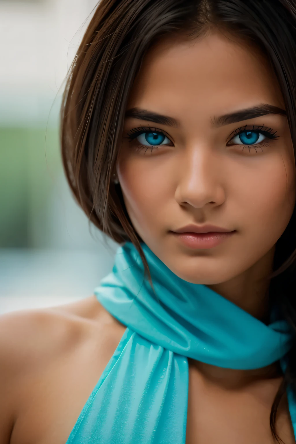 A girl, beatiful face, close - up, Cyan eyes